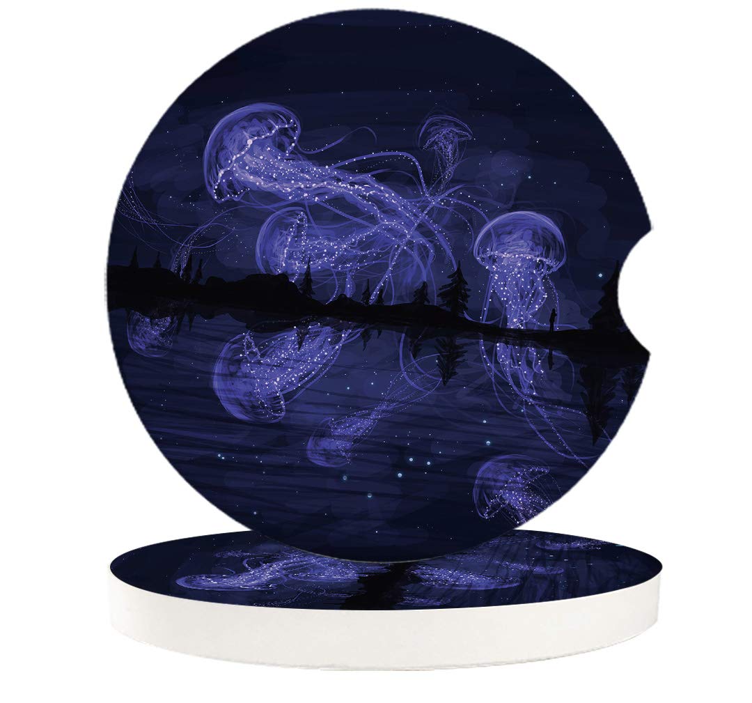 6 Pack Jellyfish Marine Animal Print Ceramic Car Cup Holder Coasters - Absorbent Spill-Proof Coasters for Cars, Keep Your Cup Holders Clean & Dry - Perfect for Coffee, Soda, and Water Bottles in Vehicles
