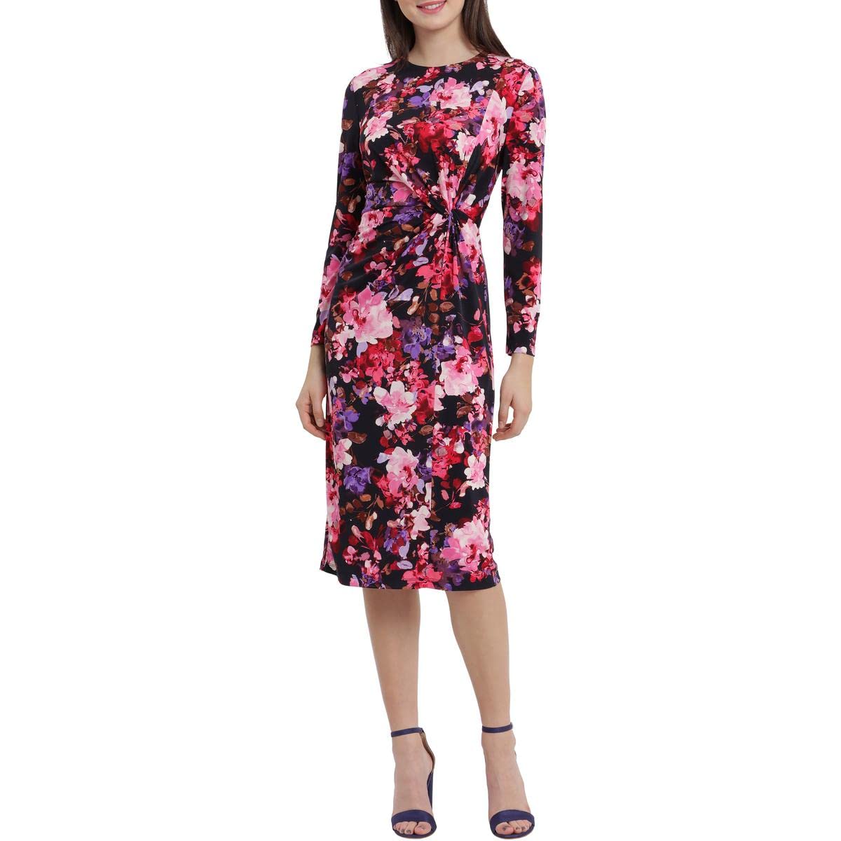 Maggy London Women's Front Twist Midi Dress - Elegant Floral Print Cocktail Party Dress for Weddings, Brunches & Special Occasions