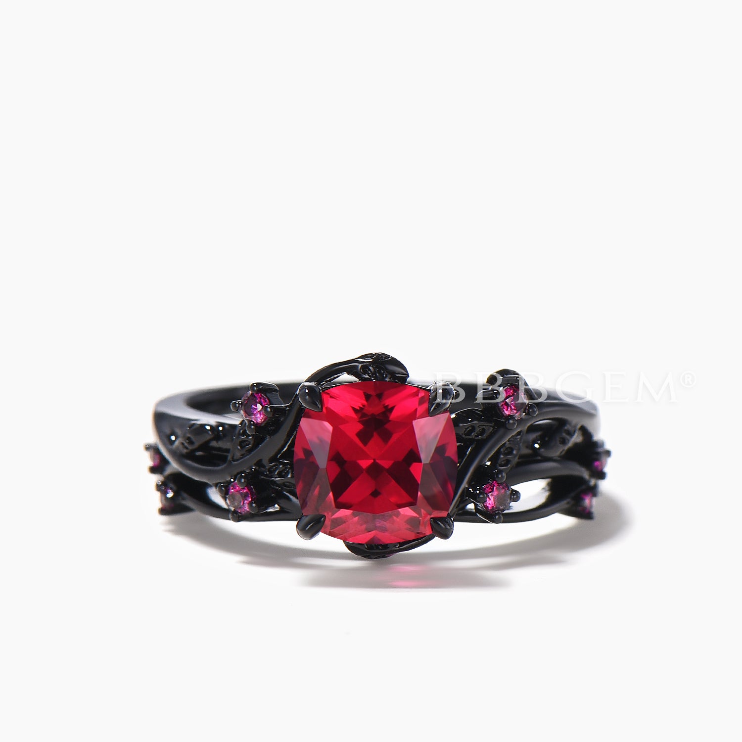 Exquisite Cushion Cut Ruby Black Gold Ring Set - Nature Inspired Engagement Ring for Women - Perfect for Weddings, Anniversaries & Special Occasions