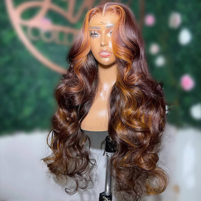 Eullair Dark Brown Body Wave Wig with Honey Blonde Highlights & Skunk Stripe Lace Frontal - Human Hair Wig for Women, Perfect for Daily Wear, Cosplay & Special Occasions
