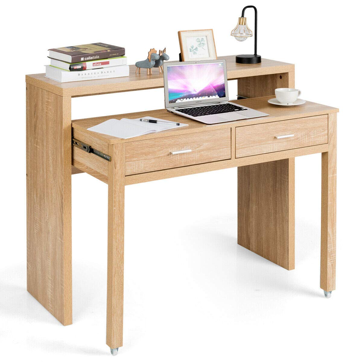 Walomes Extendable Computer Desk with Drawers & Wheels - Adjustable Writing Study Table for Home Office, Gaming, and Workspace Organization