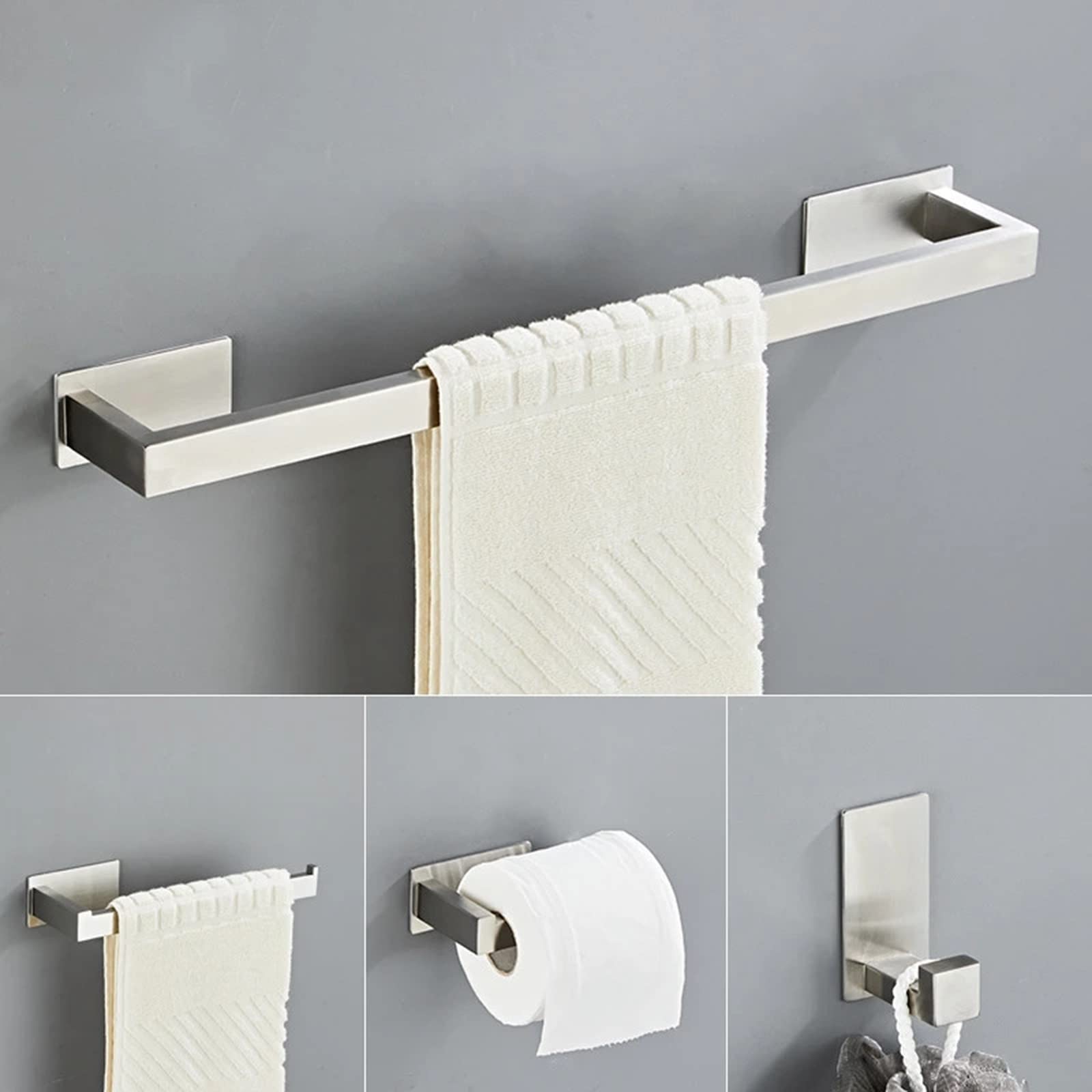 Stainless Steel Bathroom Hardware Set - Wall Mounted Robe Hook, Towel Bar, Toilet Paper Holder & Hand Towel Rack - 304 Brushed Nickel Bath Accessories (No Drilling Required) - Perfect for Modern Bathrooms, Guest Rooms & Spa-Style Decor
