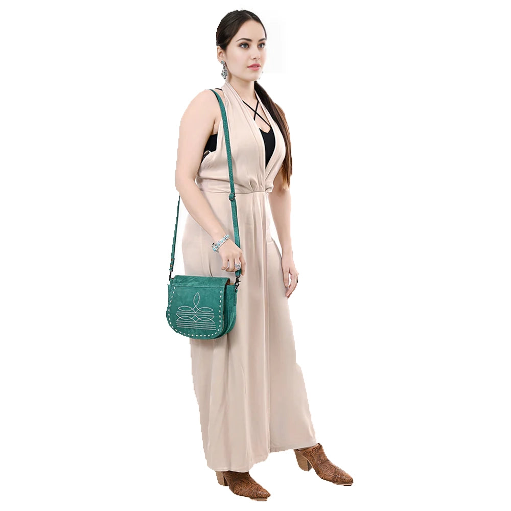 American Darling Turquoise Roughout Boot Stitch Leather Crossbody Bag - Stylish Western Handbag for Women, Perfect for Casual Outings, Date Nights & Country Music Festivals