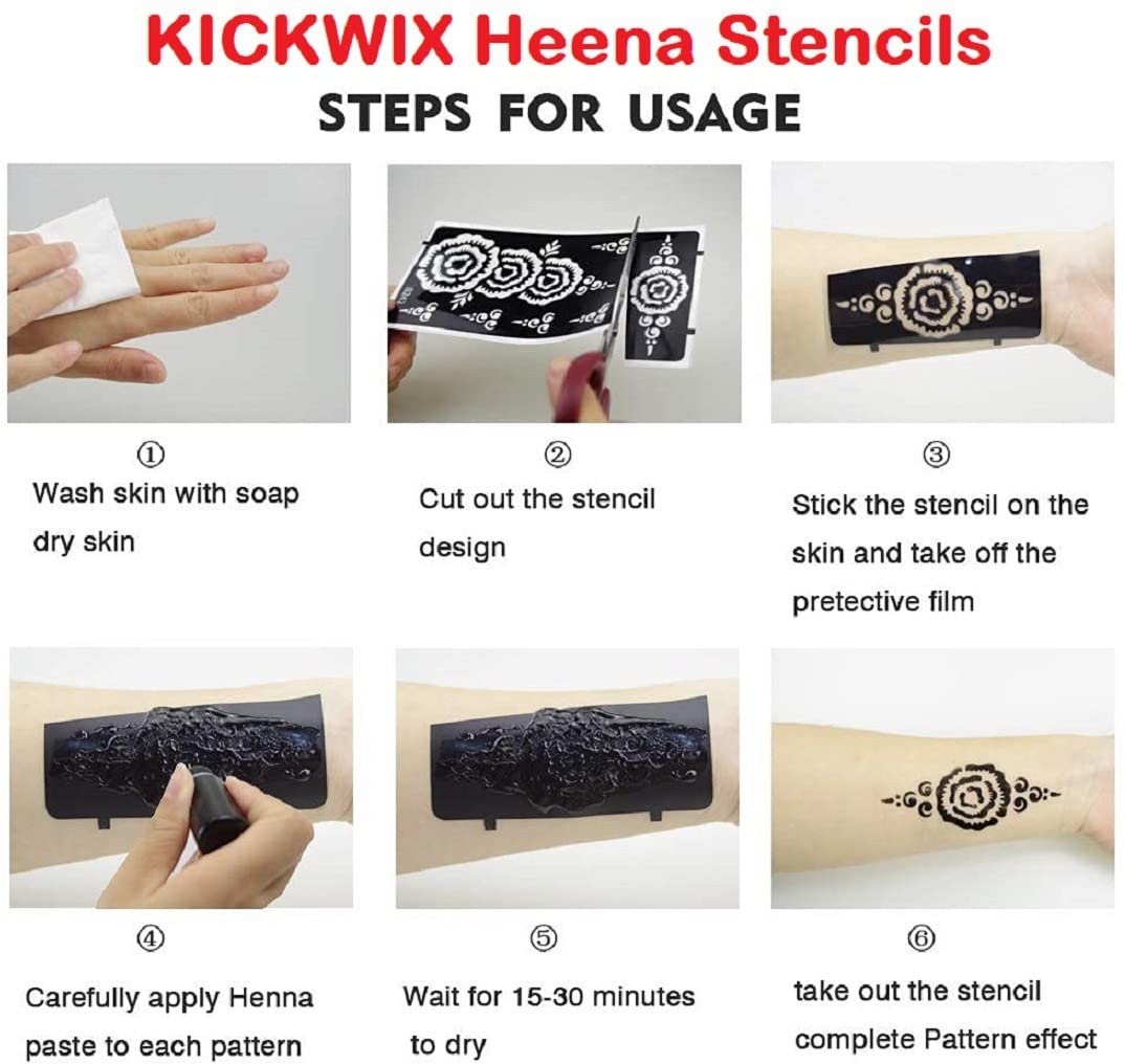 KICKWIX Henna Tattoo Stencils Kit - Easy Mehndi Design Templates for Women, Girls & Kids | 02 Reusable Stickers + Instruction Guide | Perfect for Parties, Festivals & DIY Body Art