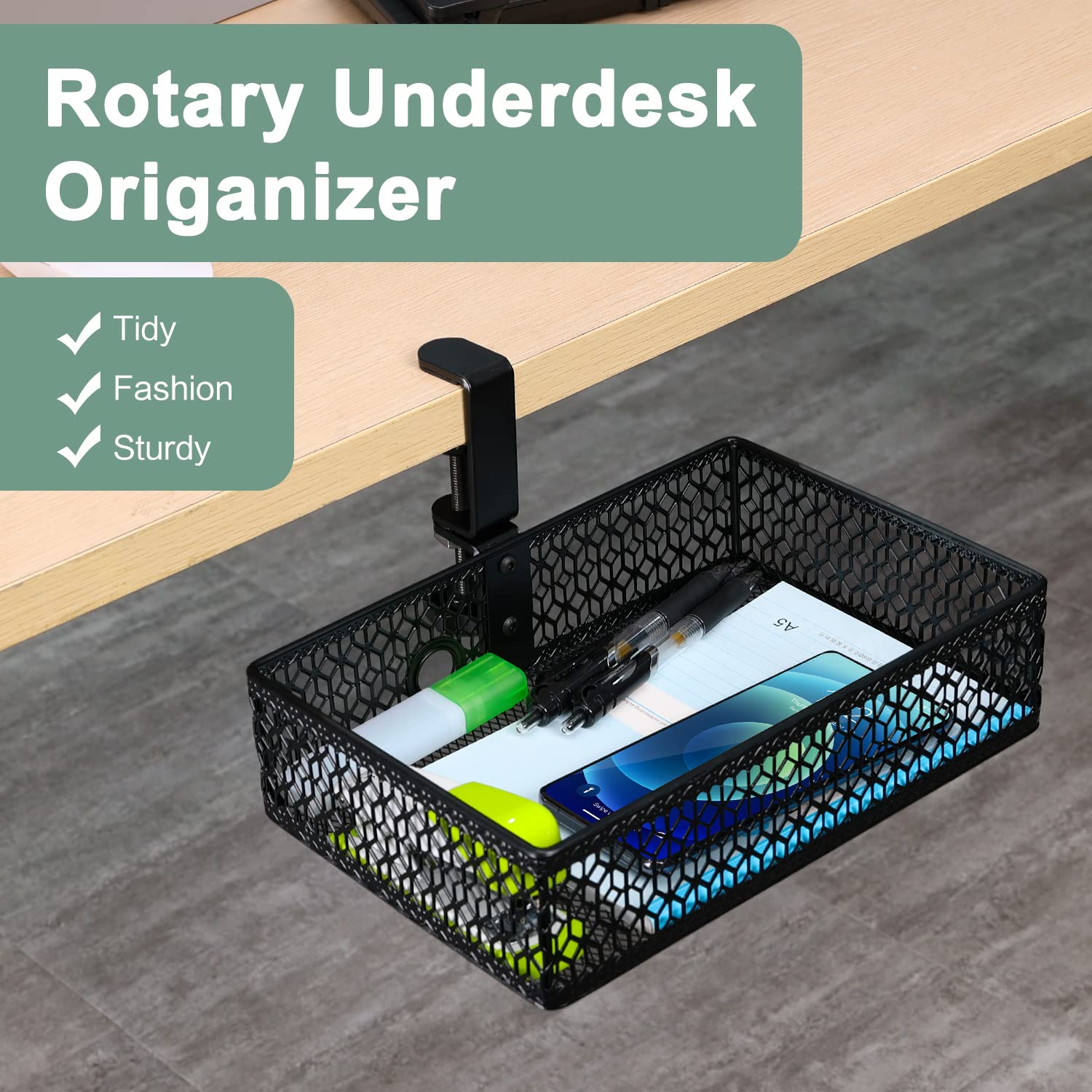 ROSYLINE Under Desk Drawer Organizer - Clamp On Desk Storage Basket, Hanging Mount Tray for Office, Home & Dorm - Space Saving Black Under Desk Organizer for Files, Stationery & Office Supplies