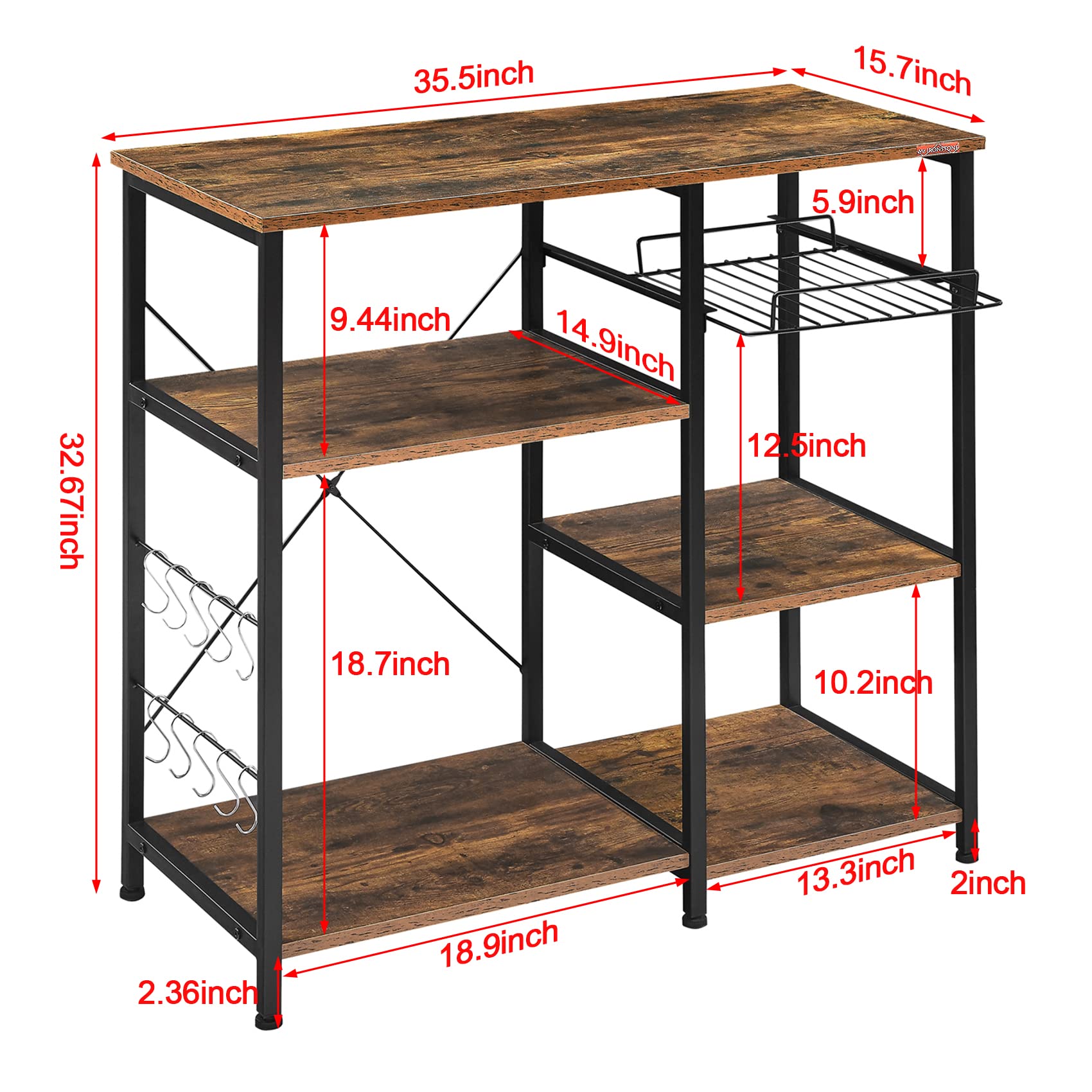 Mr IRONSTONE 3-Tier Bakers Rack with Coffee Bar - 35.5