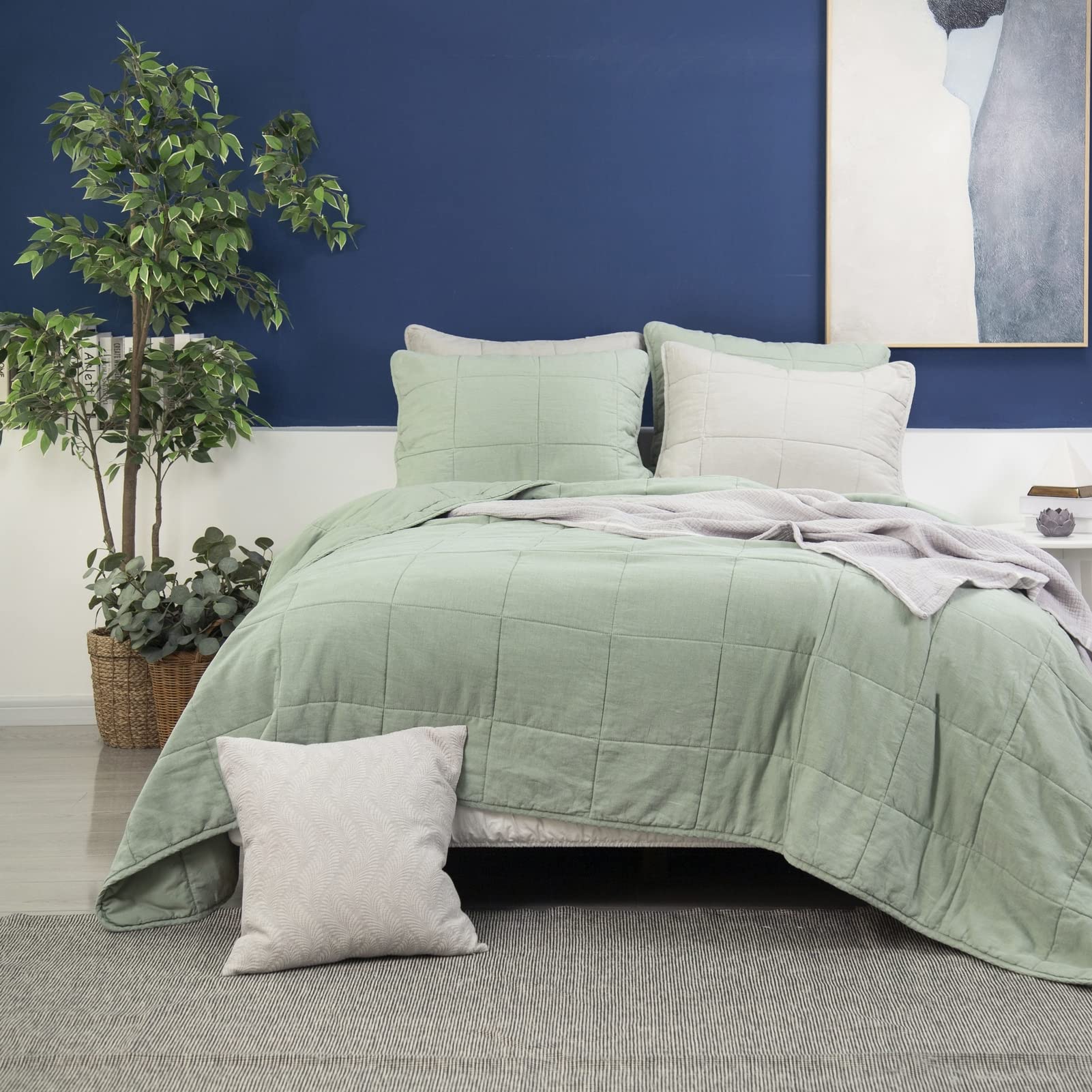 Meadow Park Stonewashed Linen Blend Box Stitch Quilt Set with Matching Pillow Shams - 3 Piece Queen Size Bedding in Sage Green | Cozy Farmhouse Style for Master Bedroom & Guest Room Decor