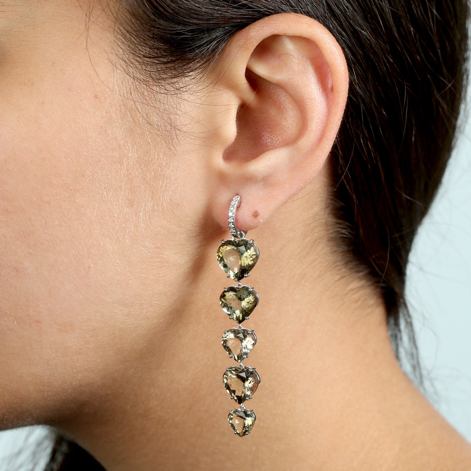 14K White Gold Green Tourmaline Gemstone Pave Diamond Heart Drop Earrings - Perfect for Valentine's Day, Anniversary Gifts & Special Occasions