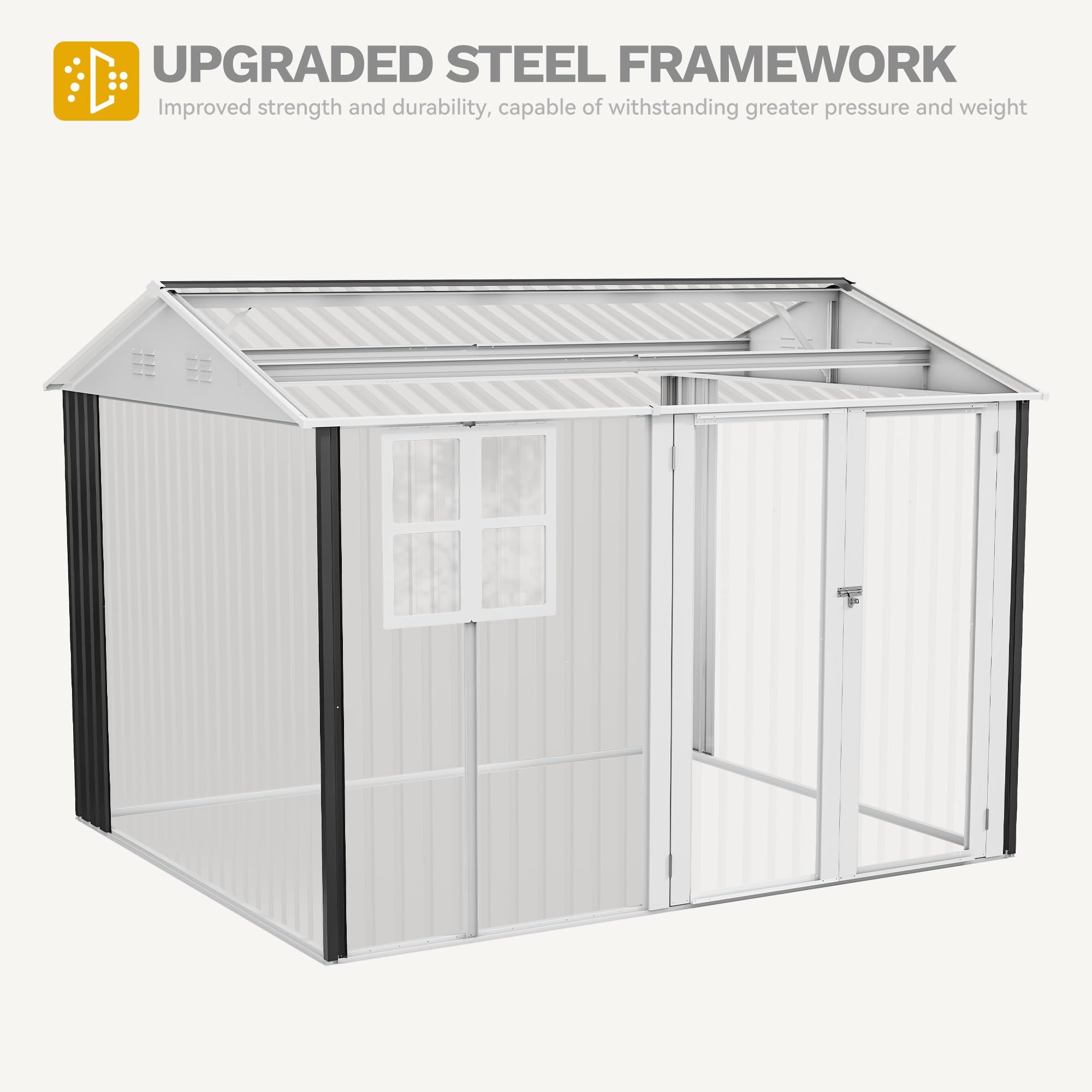 DWVO 10x8ft Heavy Duty Metal Outdoor Storage Shed with Window & Lockable Door - Large Steel Garden Shed with Sloped Roof for Backyard, Patio, Garage - Perfect for Storing Lawn Equipment, Tools & Seasonal Items (Dark Gray)