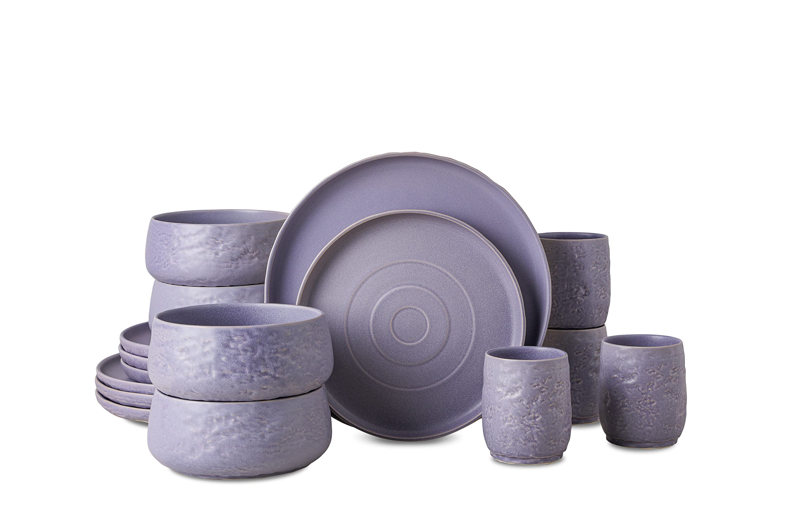 Mercer Project SHOSAI 16-Piece Stoneware Dinnerware Set - Modern Lavender Plates & Bowls for 4 - Durable Ceramic Dishware for Everyday Dining, Entertaining & Restaurant Use