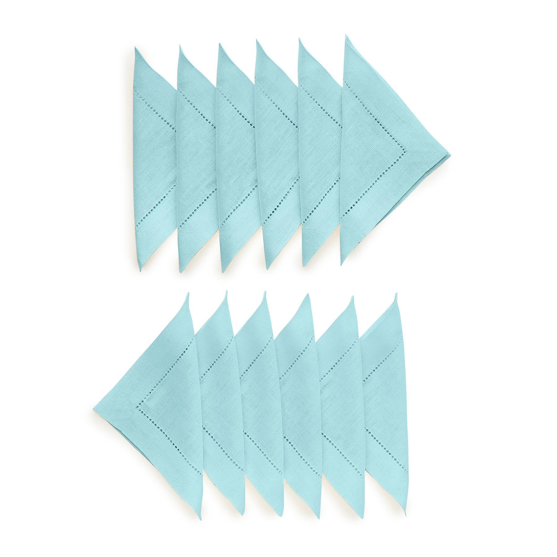 Premium 100% Pure Linen Cocktail Napkins Set of 12 - 6x6 Inch Aqua Blue Hemstitch Cloth Napkins for Parties, Weddings & Elegant Dining - Solino Home Linen
