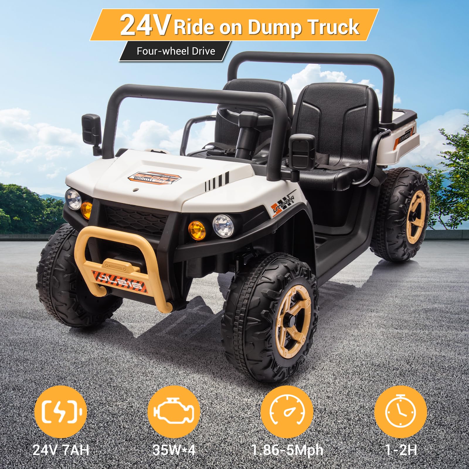 GARVEE 24V Kids Electric Ride On Dump Truck - 6X6 2 Seater Remote Control UTV Battery Powered 6 Wheeler for Boys & Girls Ages 3+ | Outdoor Play, Backyard Fun, Birthday Gift (White)