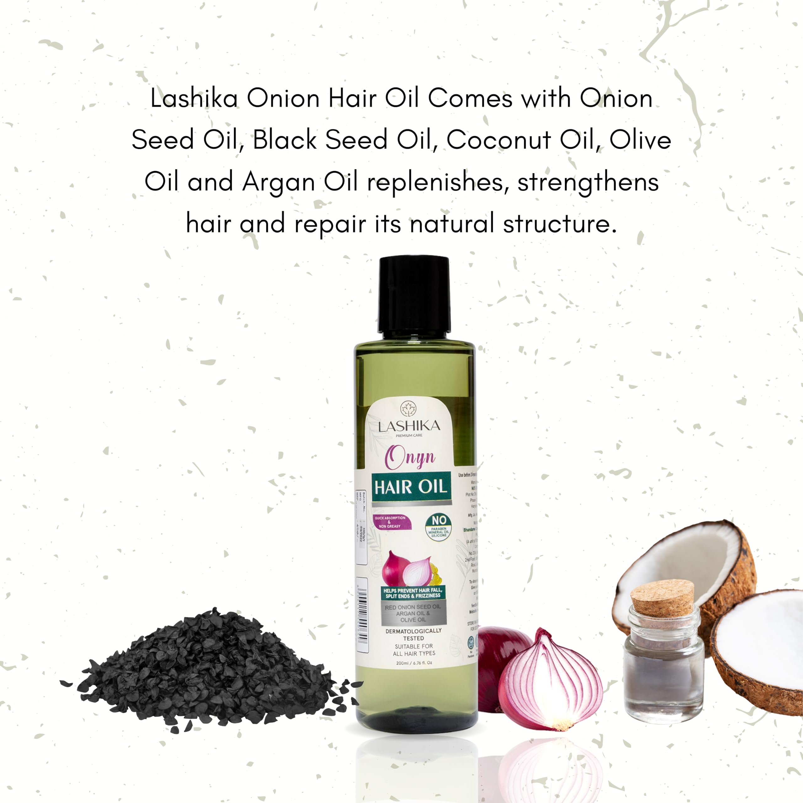 LASHIKA Onion Hair Oil for Hair Growth & Fall Control - 200ml | Enriched with Onion Seed Oil, Black Seed, Coconut & Olive Oil | Strengthens & Revives Dull Hair | For Men & Women | Perfect for Daily Hair Care & Scalp Massage
