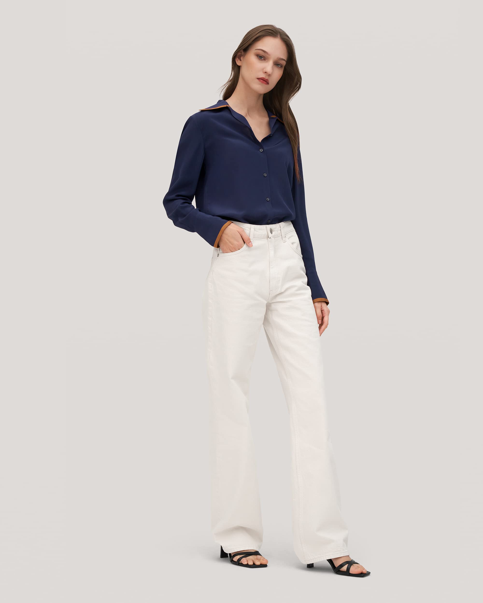 Luxury LilySilk Silk Blouse for Women - Pure Mulberry Silk Shirt with Contrast Piping | Elegant Willow Print Tops for Office, Party & Special Occasions