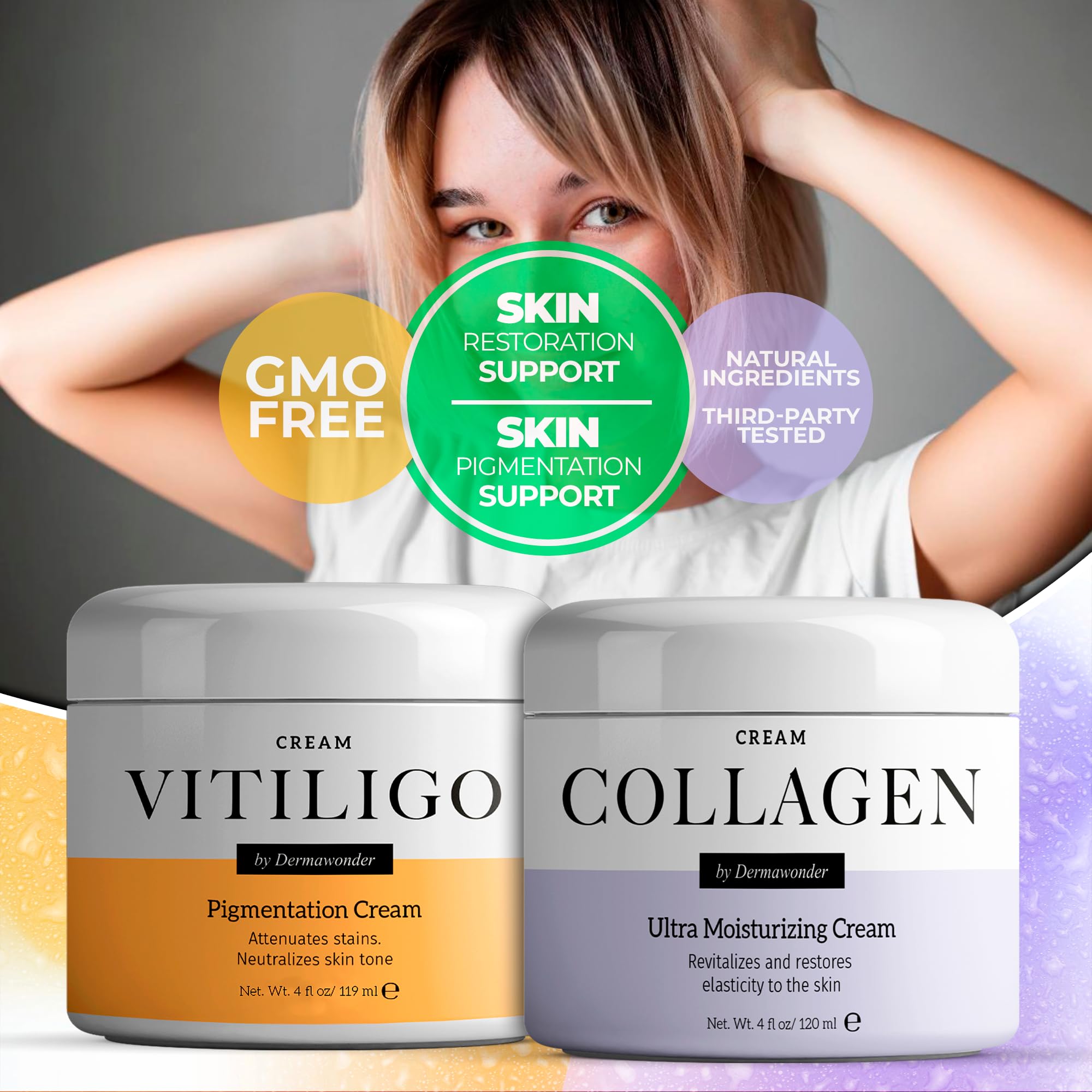 Vitiligo Dermawonder Pigmentation Cream & Collagen Face Moisturizer Set - Skin Tone Corrector for Sun Damage Repair & Anti-Aging, Ultra Hydrating Face & Body Cream for Dry Skin - 2-Pack - Perfect for Daily Skincare Routine & Post-Sun Care