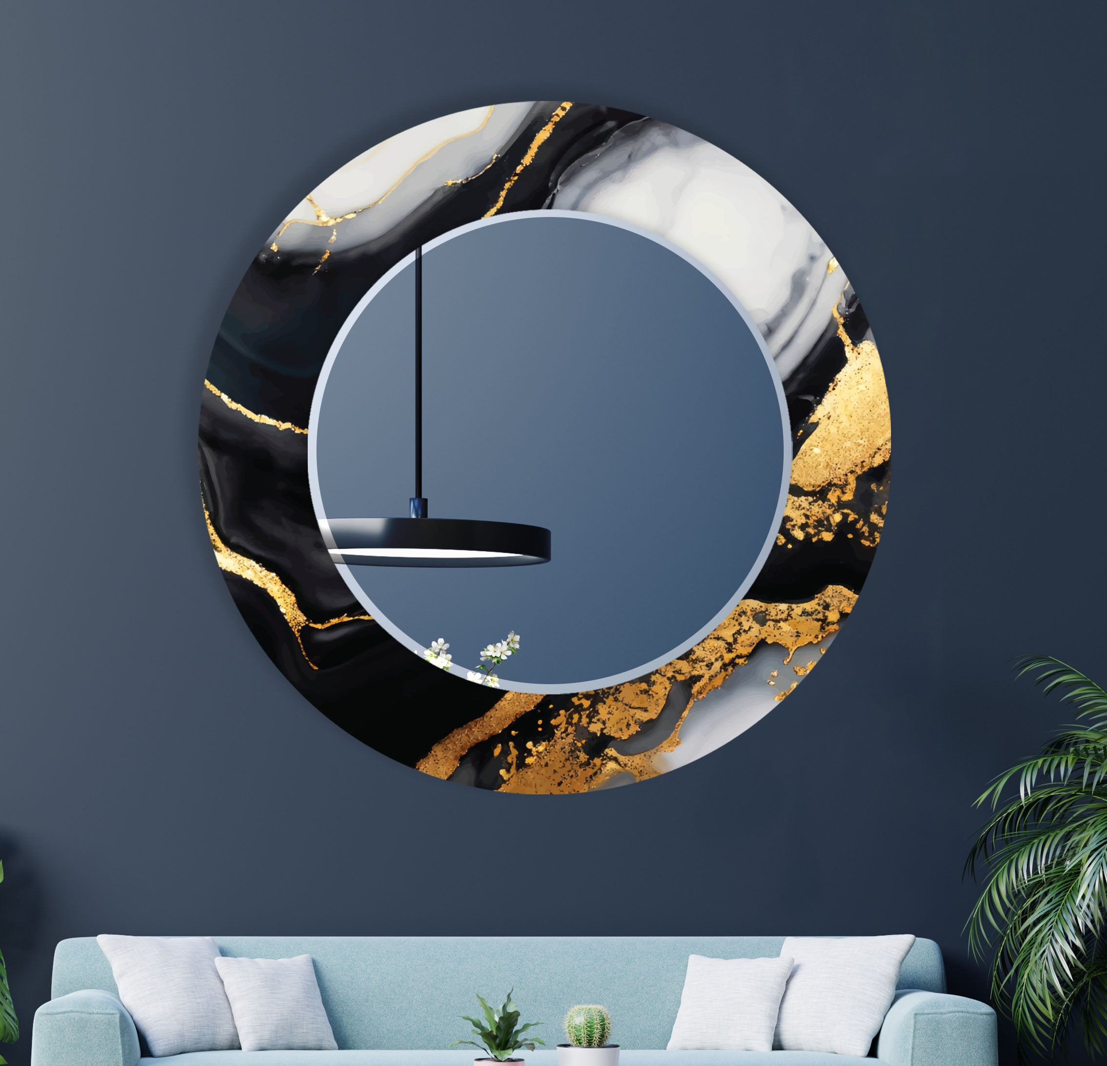 Black & Gold Marble Glass Wall Mirror - Modern Luxury Bathroom Decor for Vanity, Bedroom, or Entryway - Elegant Home Accent Mirror with Stylish Design