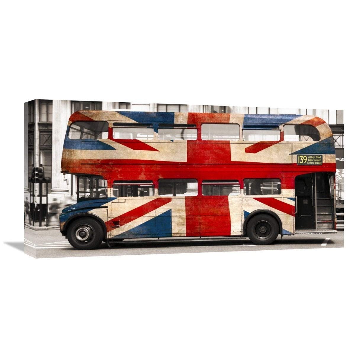 Union Jack Double-Decker Bus London Canvas Art Print 12x24 - British Decor for Living Room, Office & Travel Themed Spaces