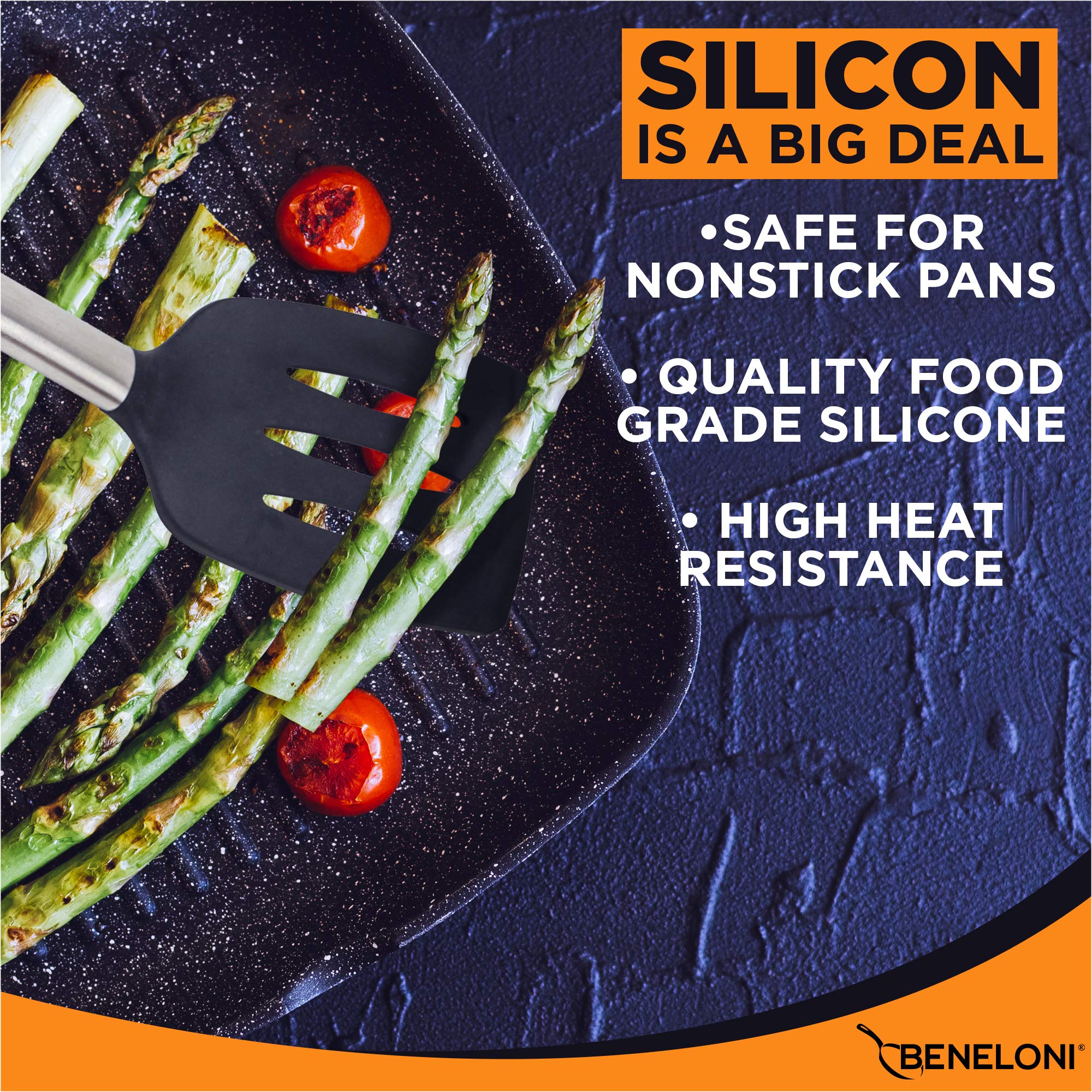 Premium Silicone Kitchen Utensil Set - 6-Piece Stainless Steel & Black Cooking Tools with Tongs, Spoons, Spatula, Ladle, Whisk & Frosting Spatula | Nonstick Safe, Heat Resistant | Ideal for Baking, Cooking, Grilling & Serving