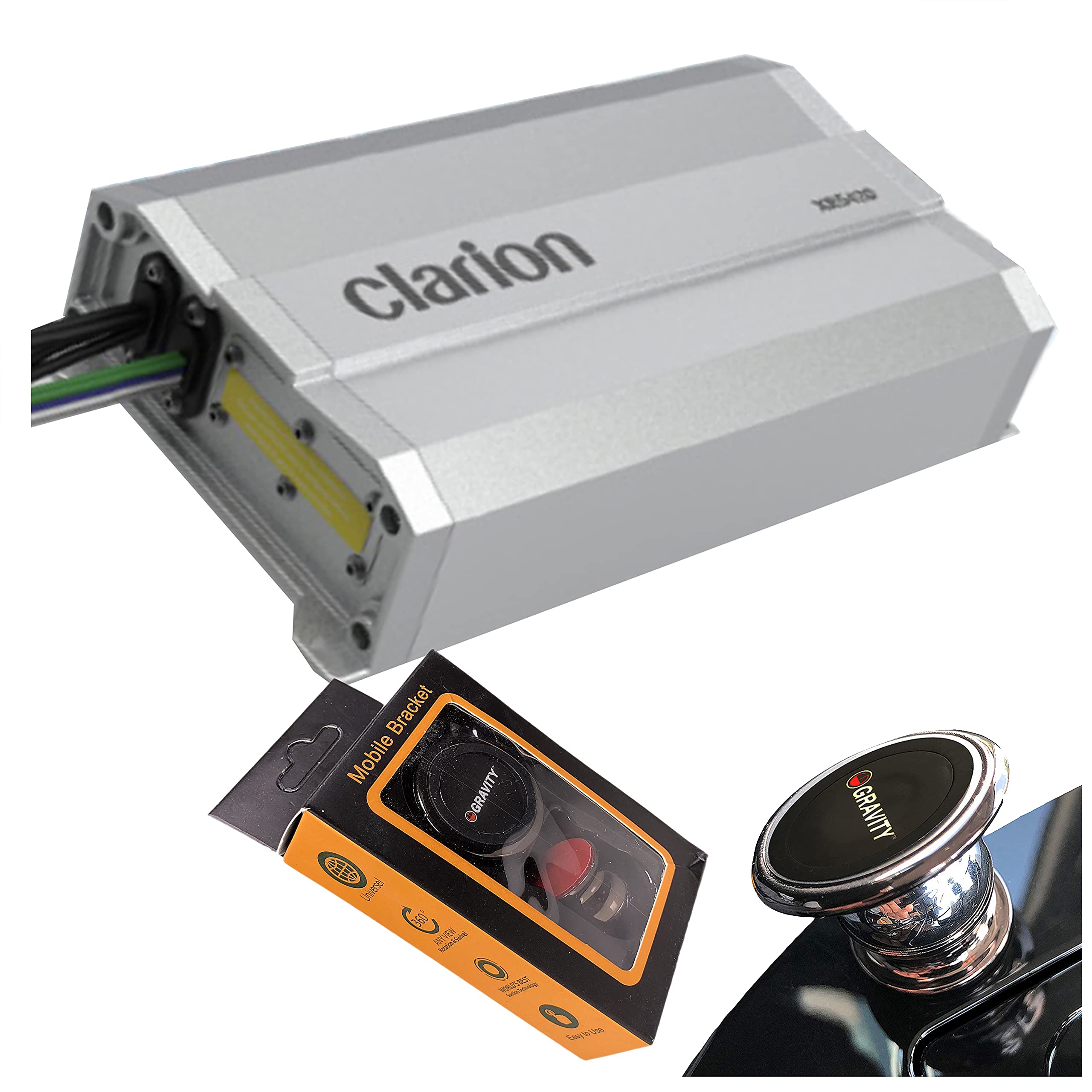 Clarion XR5420 4-Channel 400W Car Amplifier - High Power Class D Audio System with Subwoofer Output & Phone Holder - Perfect for Car Audio Upgrades, Bass Boost, and Hands-Free Driving