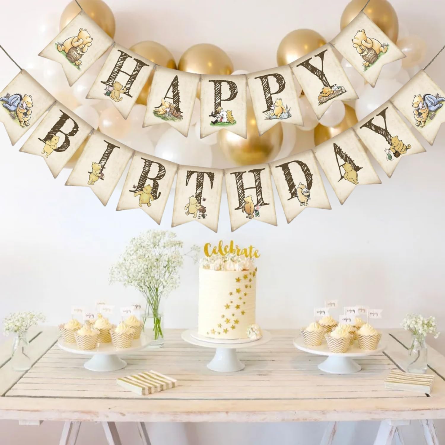 Happy Birthday Winnie the Pooh Banner - Classic Bear Baby Shower & Birthday Party Decorations - Adorable Pooh Themed Party Supplies for Birthdays, Showers & Celebrations - Perfect for Nursery, Kids Room & Party Backdrops