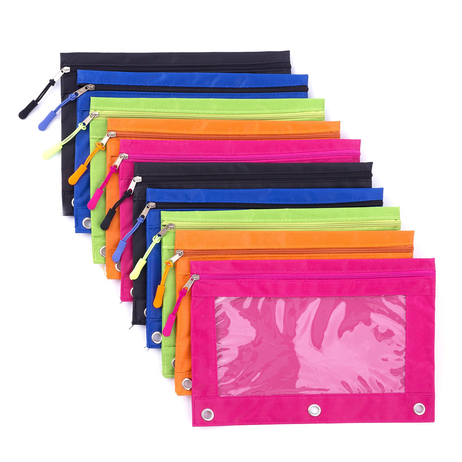 10 Pack Clear Window Pencil Pouches for 3 Ring Binder - Heavy Duty Rivet Reinforced School Supplies in 5 Colors - Perfect for Classroom Organization, Homework & Office Use