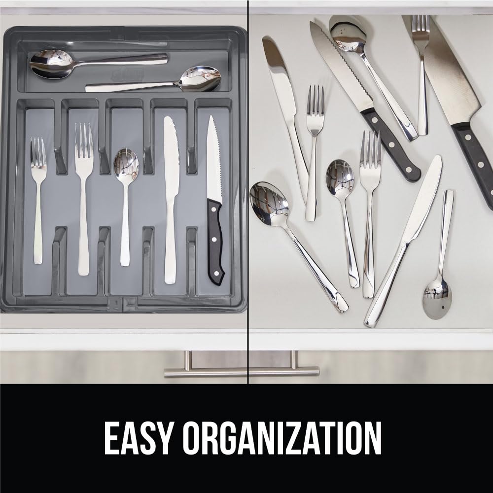 Gorilla Grip Expandable Silverware Organizer for Kitchen Drawers - BPA-Free Adjustable Cutlery Holder with Non-Slip Rubber Lining & Grip Feet, Gray Utensil Drawer Tray for Flatware Storage - Perfect for Home Kitchen Organization & Dining Utensil Management
