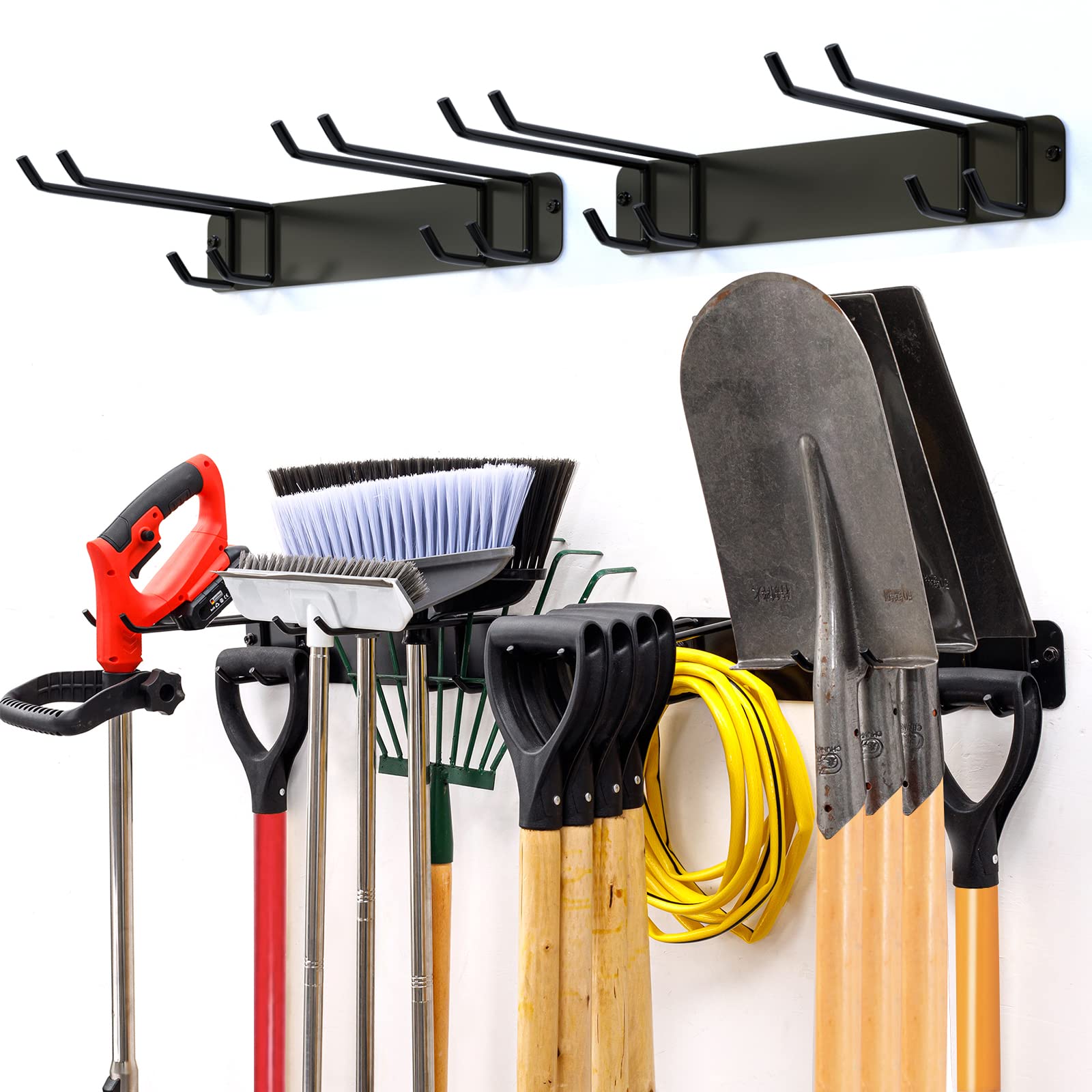 MOOMSINE 33-Inch Heavy Duty Steel Wall Mount Garden Tool Organizer - Garage & Yard Storage Rack with 4 Hooks for Shovels, Rakes, Folding Chairs & Ladders - Holds 280 lbs - Perfect for Shed, Garage, and Outdoor Tool Organization