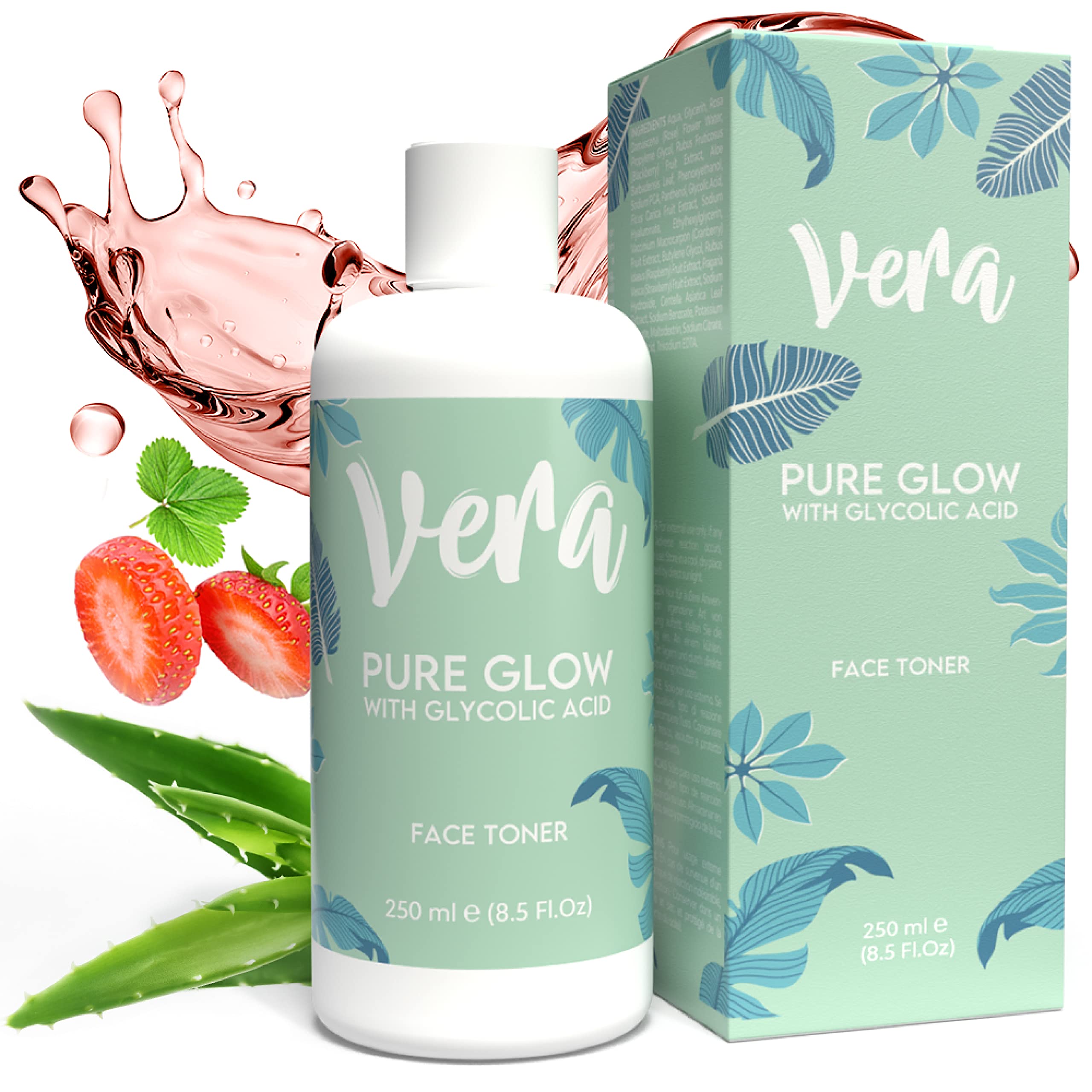 Vera AHA Glycolic Acid Toner with Hyaluronic Acid & Aloe Vera - Exfoliating Facial Toner, Cleanser & Spot Treatment - 250ml for Glowing Skin - Perfect for Daily Skincare Routine & Pre-Moisturizer Prep
