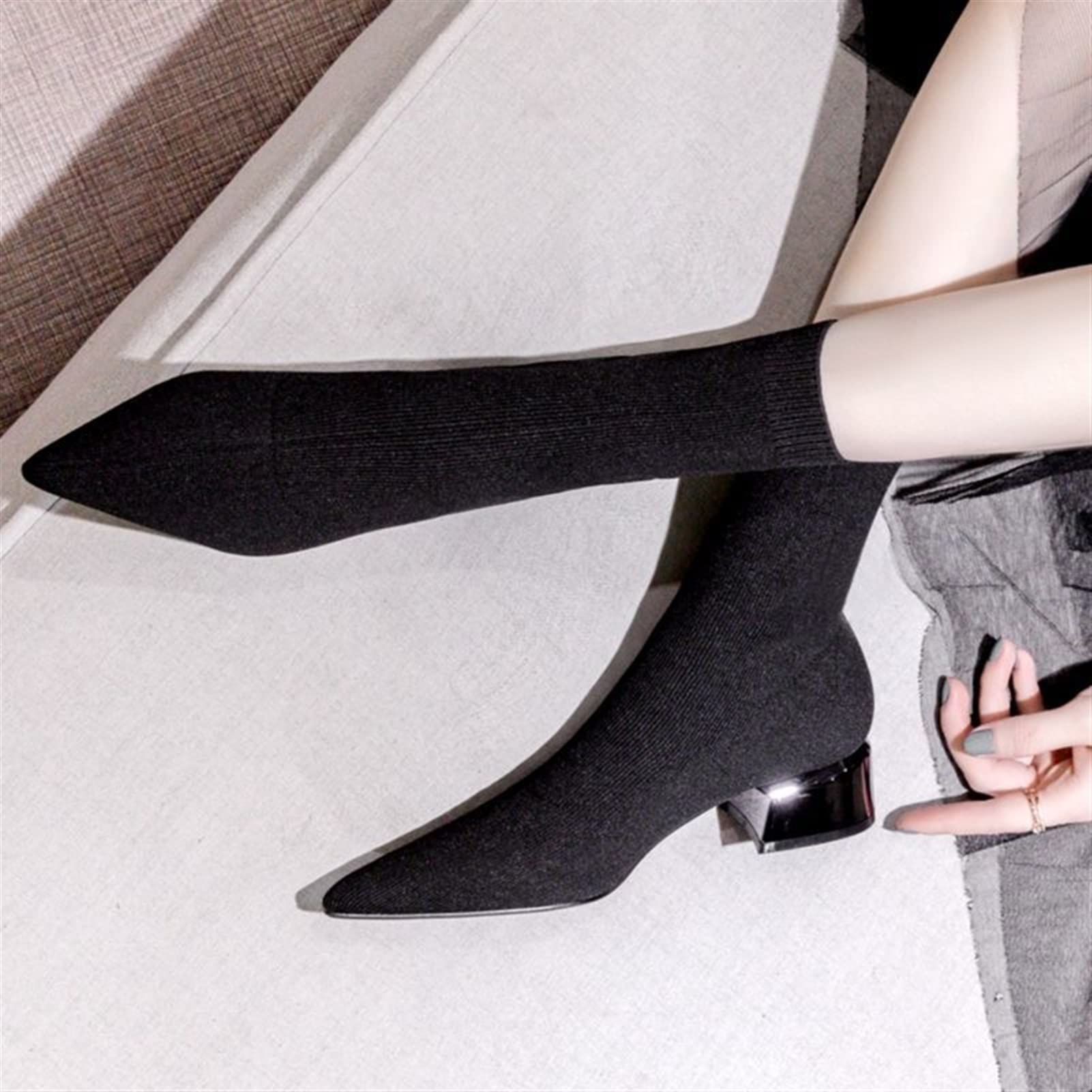 Women's Fashion Thin Boots - High Heel Pointed Toe Mid Calf Boots for Autumn & Spring | Knit Socks with Thick Heel | Black Size 6 | Perfect for Office Wear, Date Nights & Fall Fashion Outfits