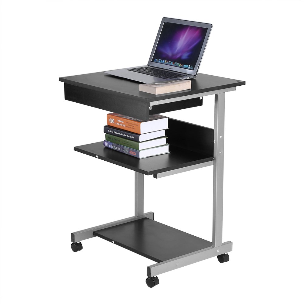 Portable Mobile Computer Desk with Wheels - Adjustable Wooden Laptop Workstation Cart Stand with Storage Shelf - Perfect for Home Office, Study, Dorm Room & Small Spaces