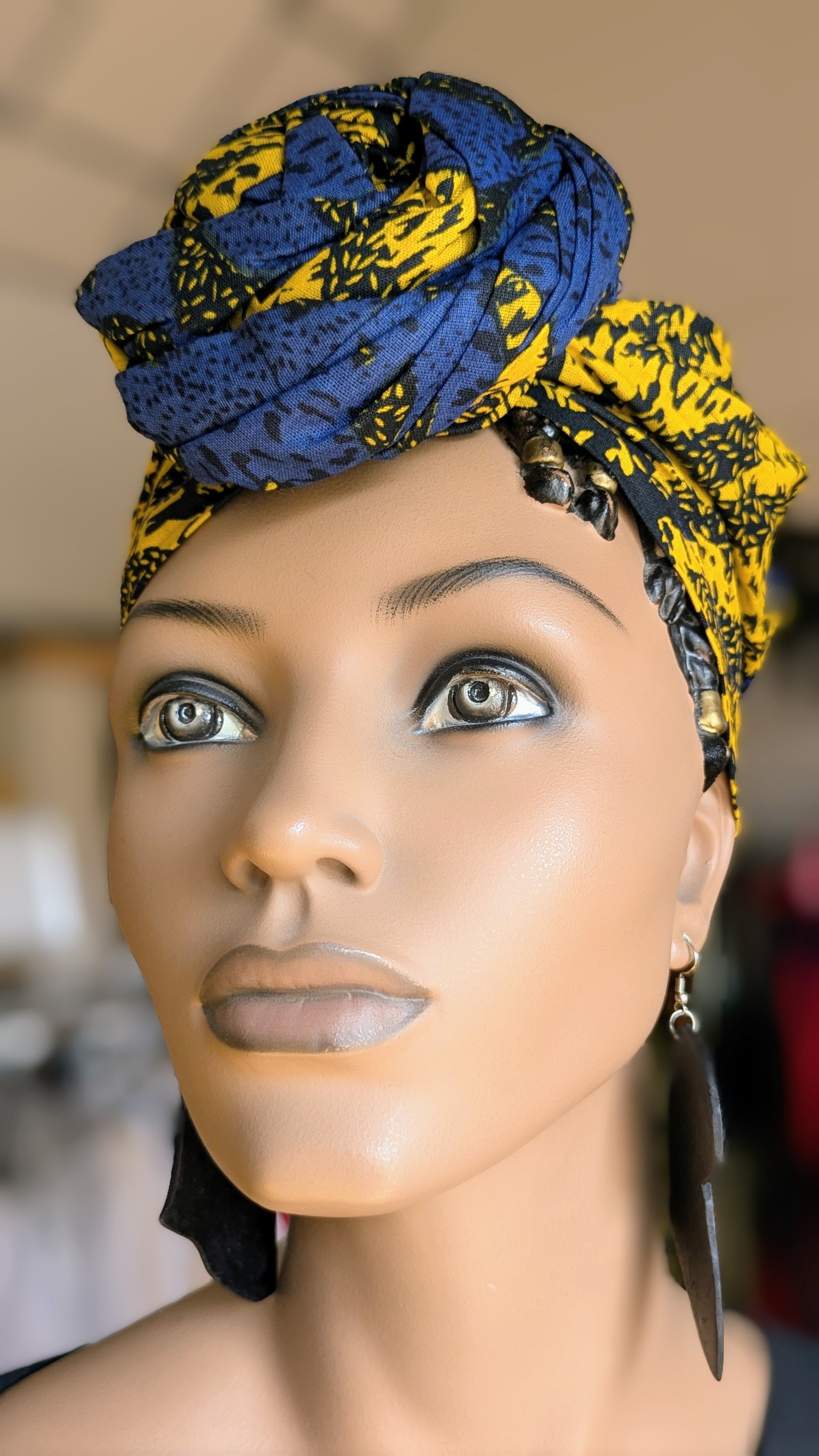 Dupsie's Zalika Blue and Gold Sunburst African Print Pre-Tied Head Wrap DP4071PT5 - Stylish Headscarf for Women, Perfect for Church, Weddings, and Cultural Events