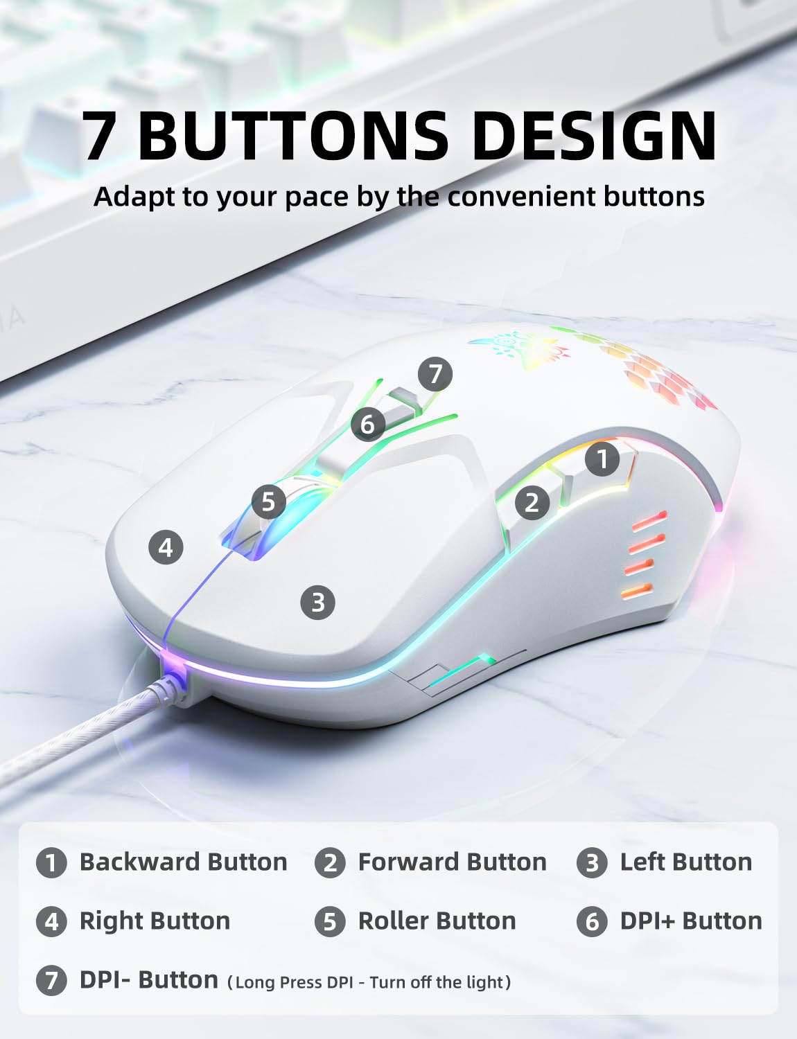 Premium Wired Gaming Mouse with High Precision Sensor, RGB Backlit, Adjustable DPI (800-6400), 7 Programmable Buttons - Ergonomic Design for PC, Mac, Linux & Chrome OS - Perfect for FPS, MOBA Games & Office Work (White)