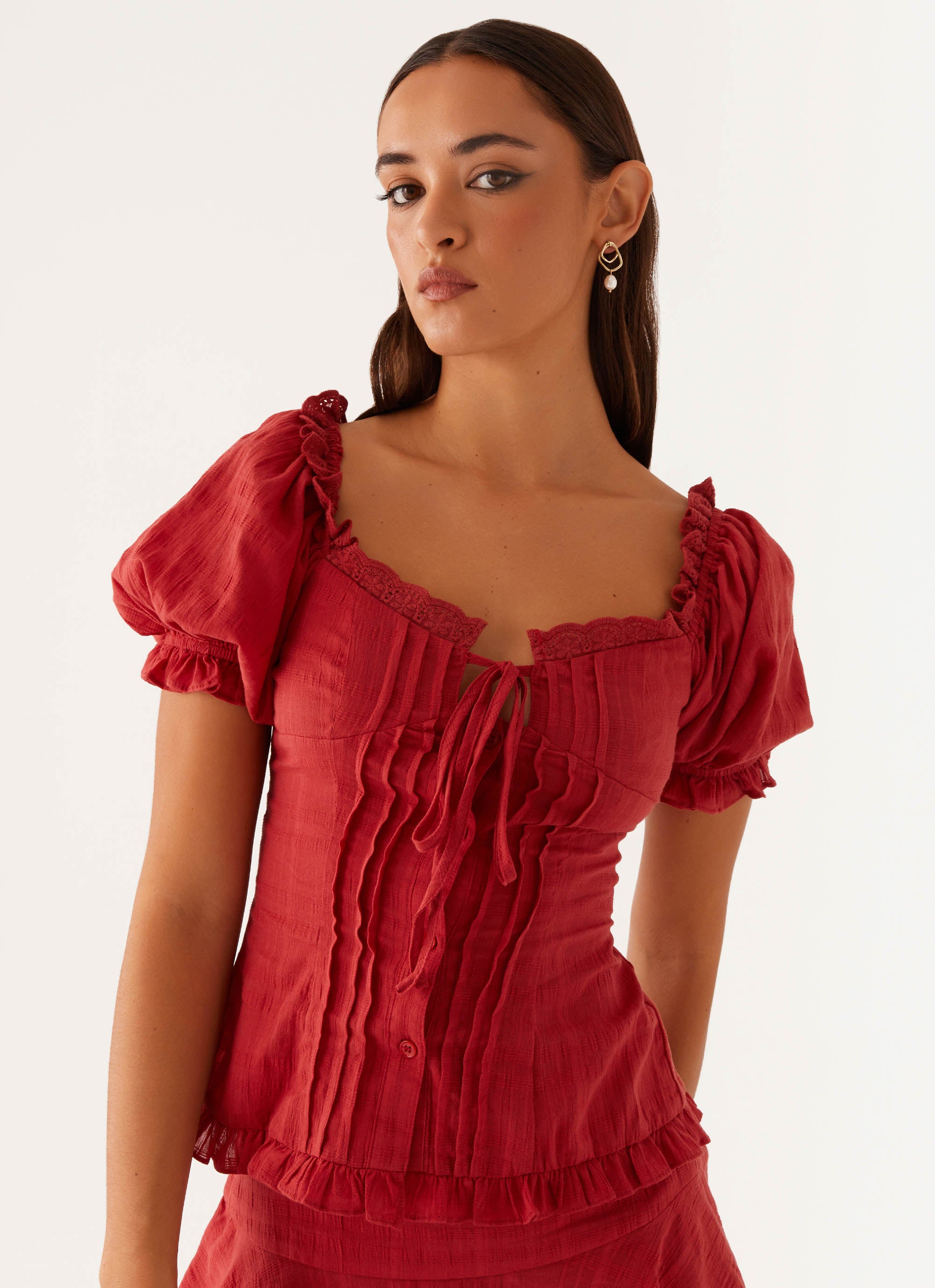 100% Cotton Puff Sleeve Blouse - Women's Fashion Red Top for Casual Wear & Date Night Outfits