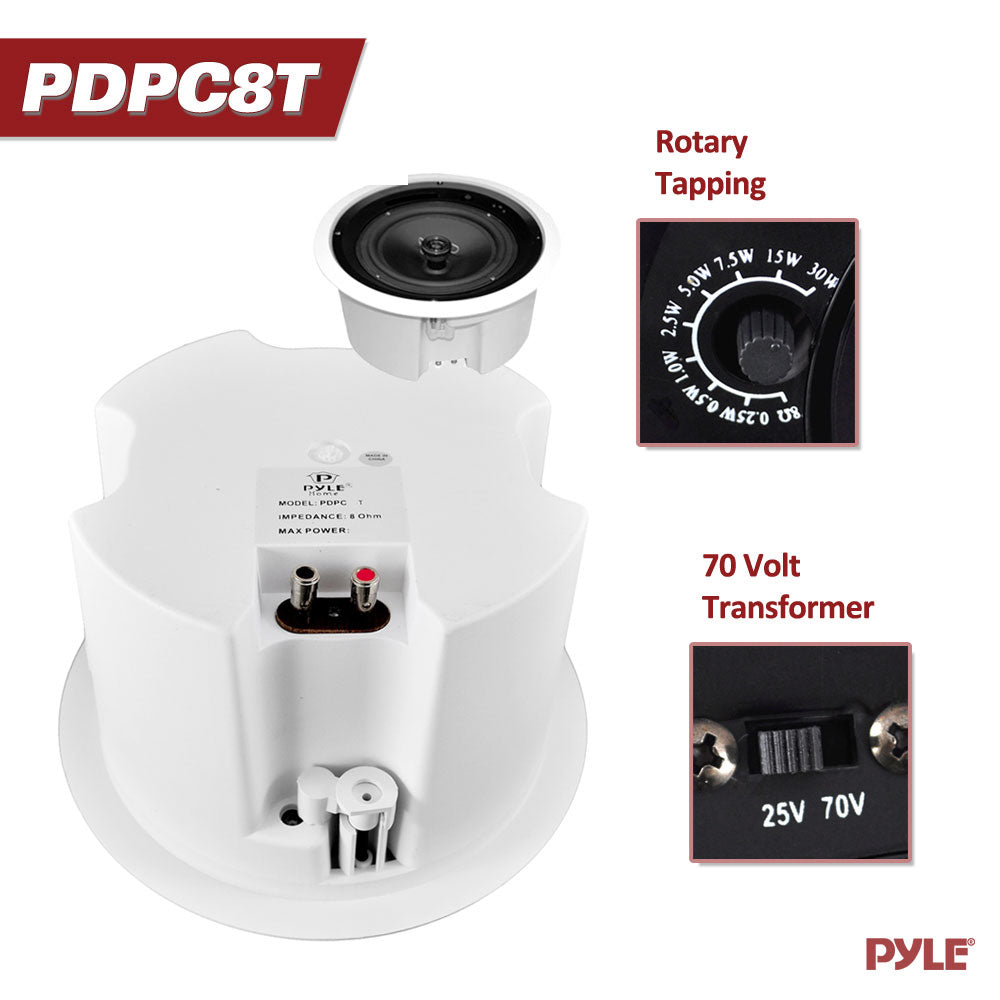 8.0'' In-Wall / Ceiling Speaker with 70V Transformer - Premium Sound for Home Theater, Background Music & Commercial Audio Systems