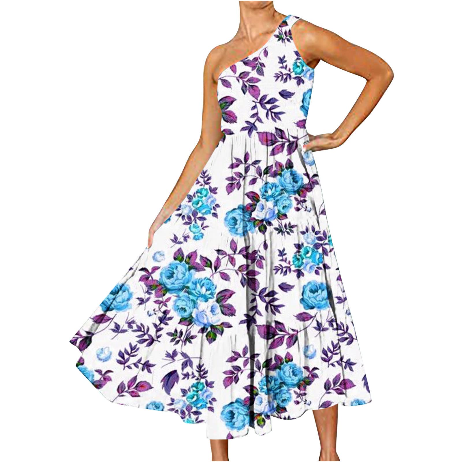Boho Summer Maxi Dress for Women 2023 - One Shoulder Sleeveless Smocked Floral Print Casual Dress with V-Neck | Perfect for Beach Vacations, Date Nights & Summer Parties