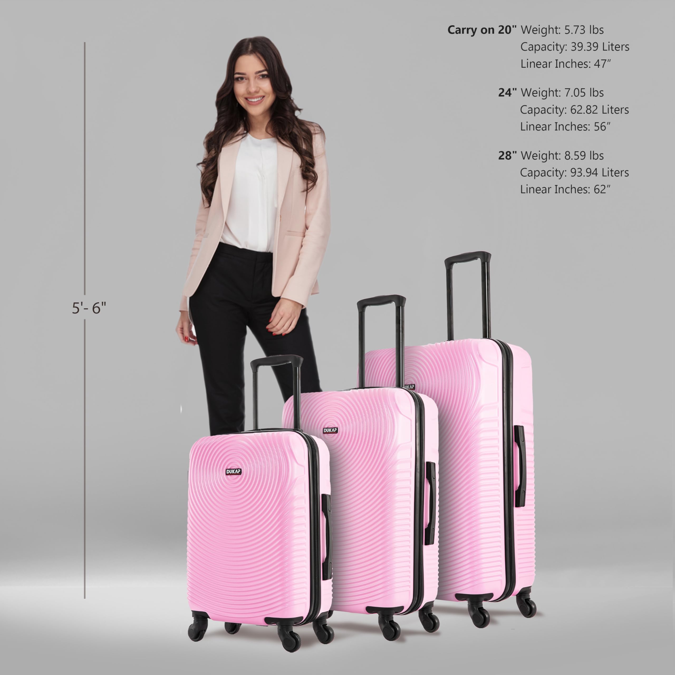 DUKAP INCEPTION 3-Piece Hardshell Luggage Set with Spinner Wheels - 20in, 24in, 28in Lightweight Durable Suitcases with Trolley Handle - Pink Travel Luggage for Family Vacations, Business Trips & International Travel