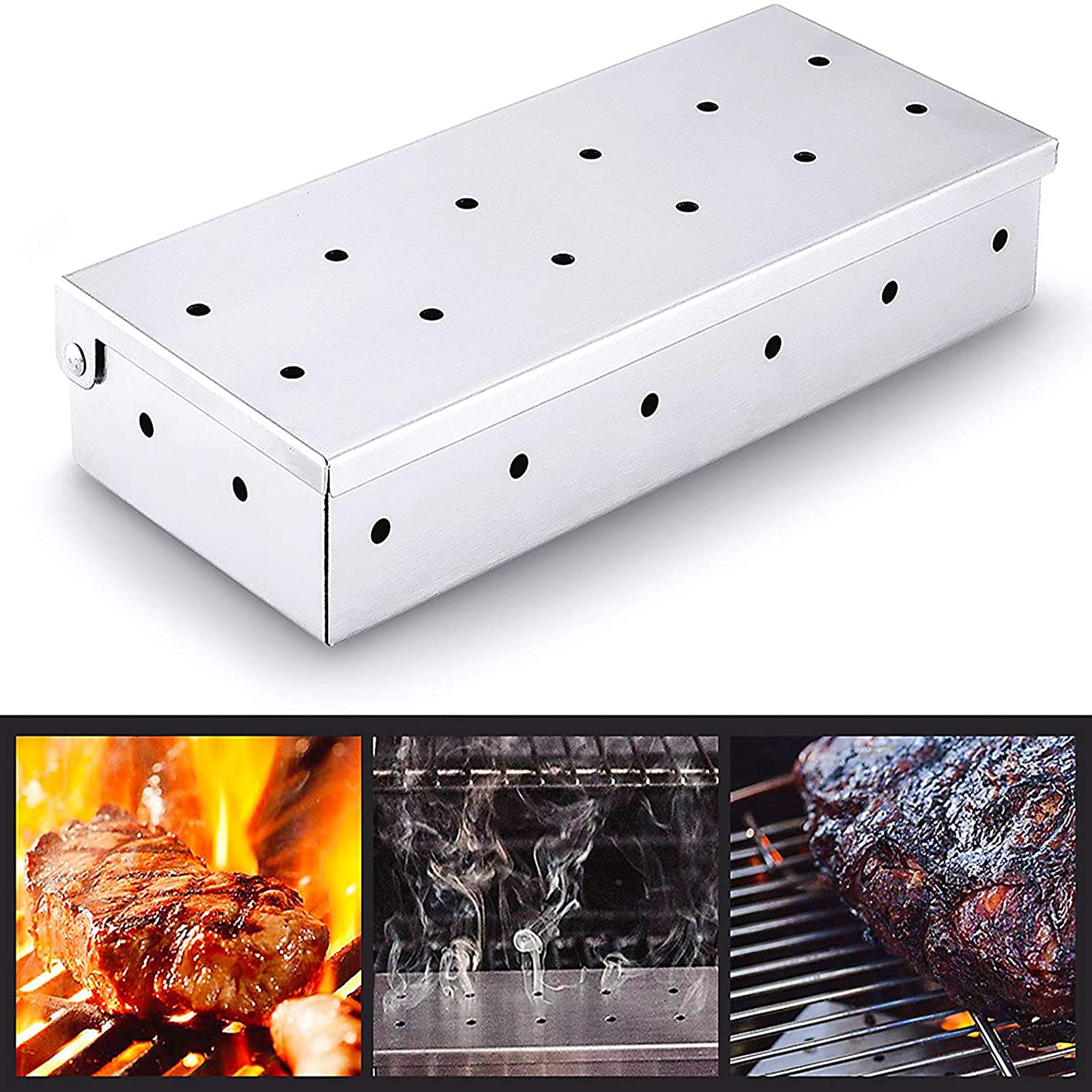 Premium Stainless Steel Sawdust Box for BBQ - Hinged Lid, Thick & Durable, No Warping - Perfect for Charcoal & Gas Grills, Meat Smoking - Ideal for Backyard Cookouts, Camping & Outdoor Barbecues