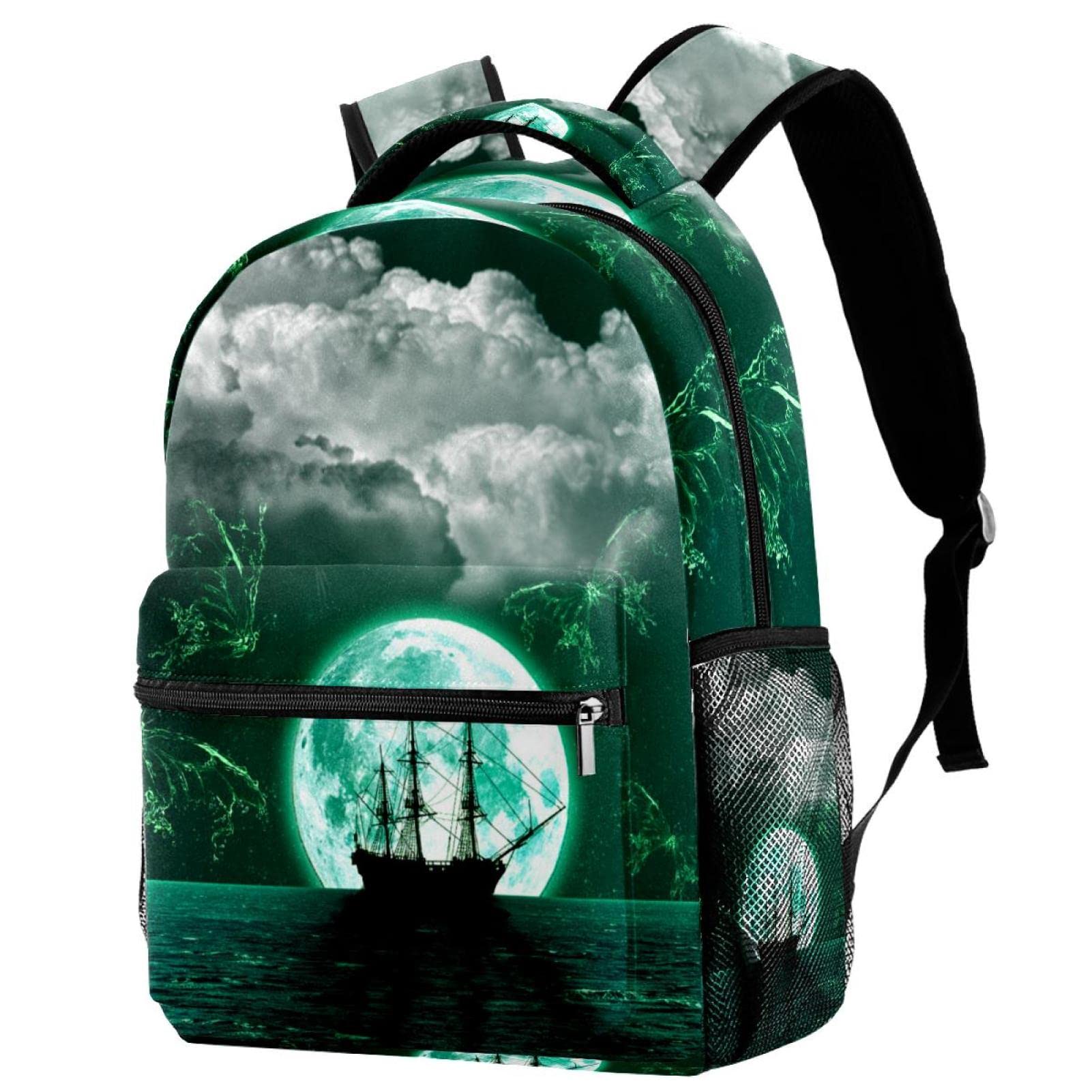Lightweight School Backpack for Girls & Boys with Sea Butterfly Moon Pirate Ship Design - Perfect for Books, Laptops & Daily School Use