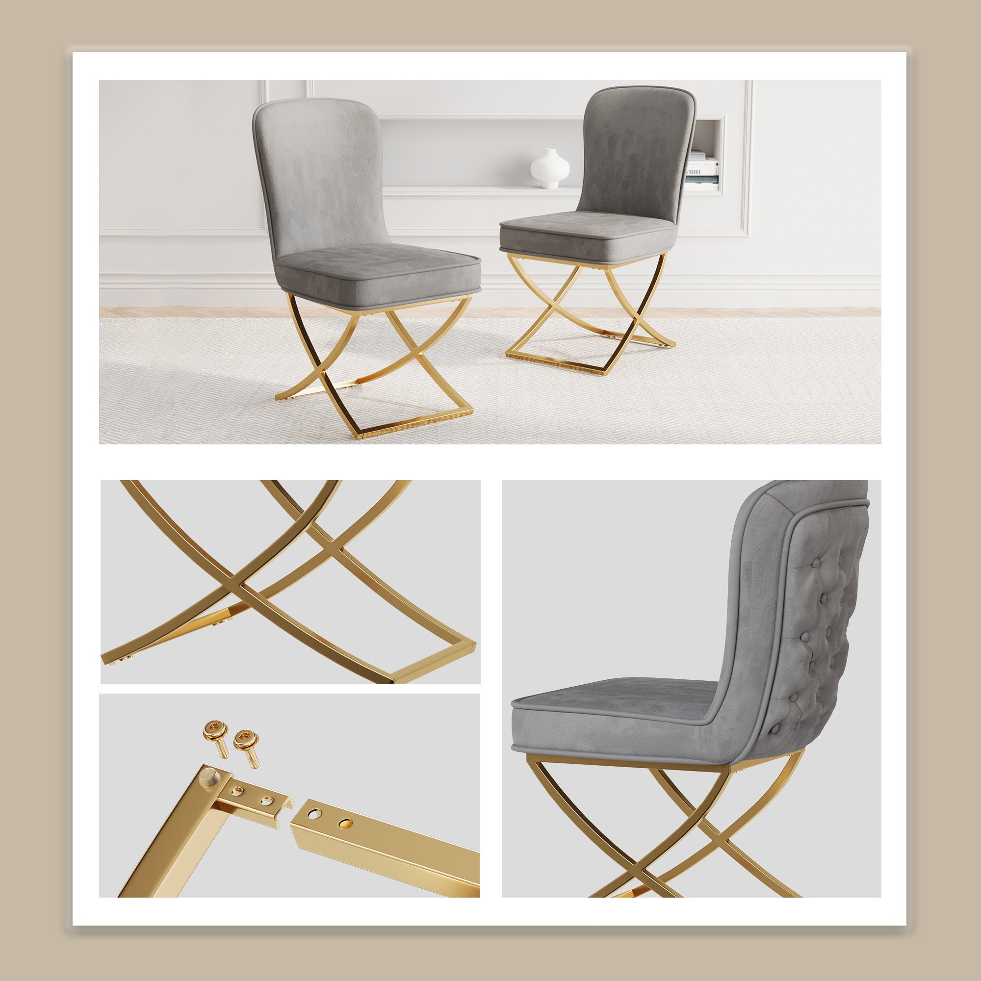 4-Piece Grey Velvet Dining Chair Set with Golden Metal Legs - Modern Kitchen, Living Room, Office & Leisure Chairs for Home Decor