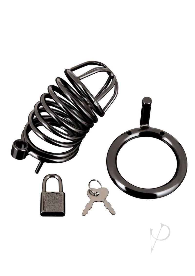 Premium Blue Line Deluxe Chastity Cage - Black Stainless Steel Cock Ring for BDSM, Male Chastity Device - Perfect for Couples Play, Adult Toys & Fetish Accessories