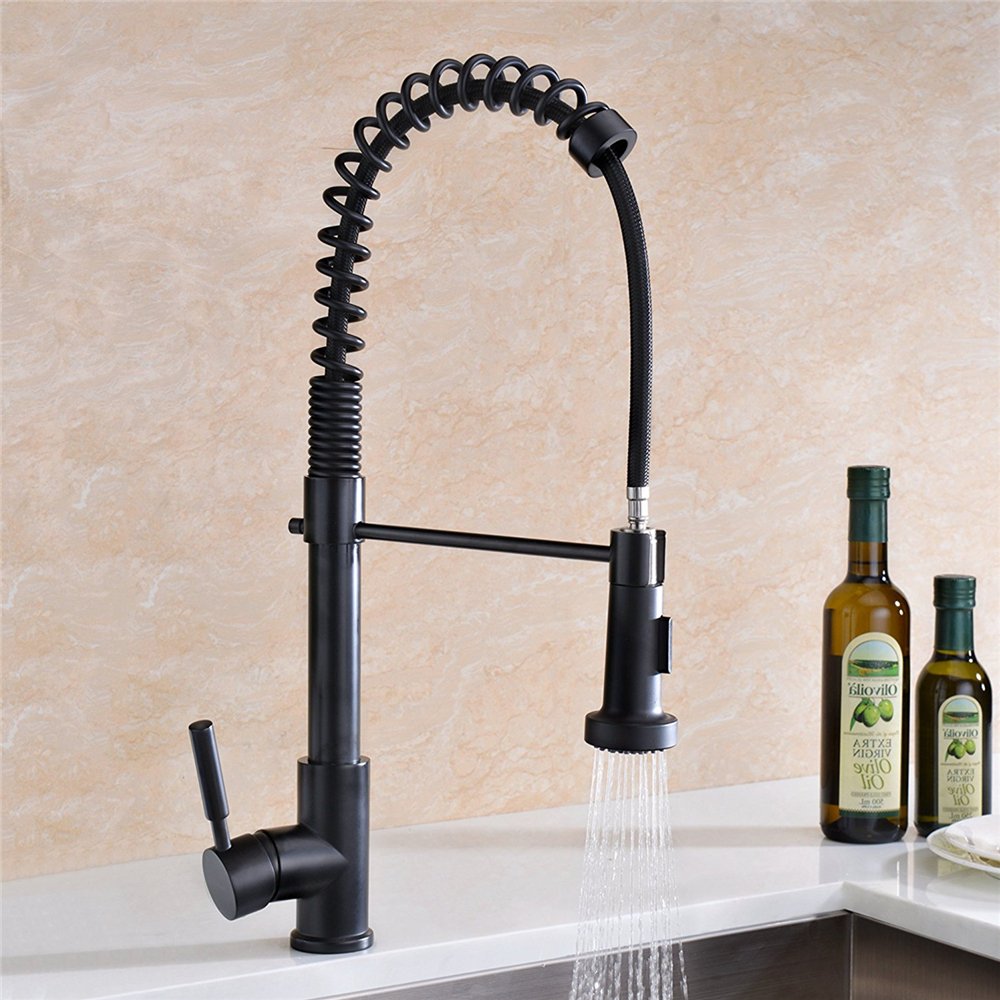 Single Handle Brass Kitchen Sink Faucet with Pull Down Sprayer in Oil Rubbed Bronze - Perfect for Modern Farmhouse & Industrial Style Kitchens