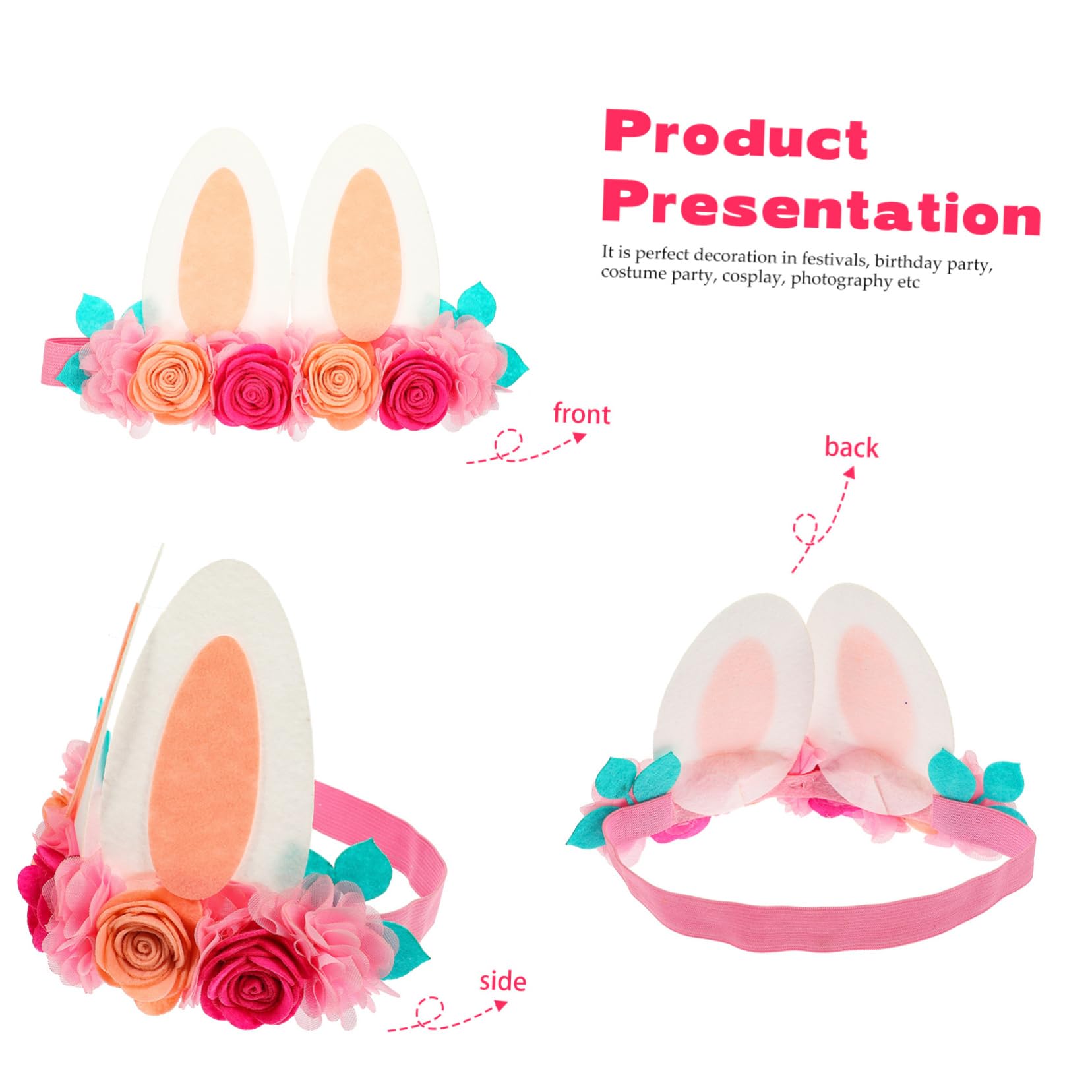 Minkissy Rose Headband for Baby Girls - Floral Bunny Ears Hair Accessories for Easter, Woodland Theme Party, Spring Photography & Kids Costume (Infant Headband, Hair Ties, Toddler Headpiece)