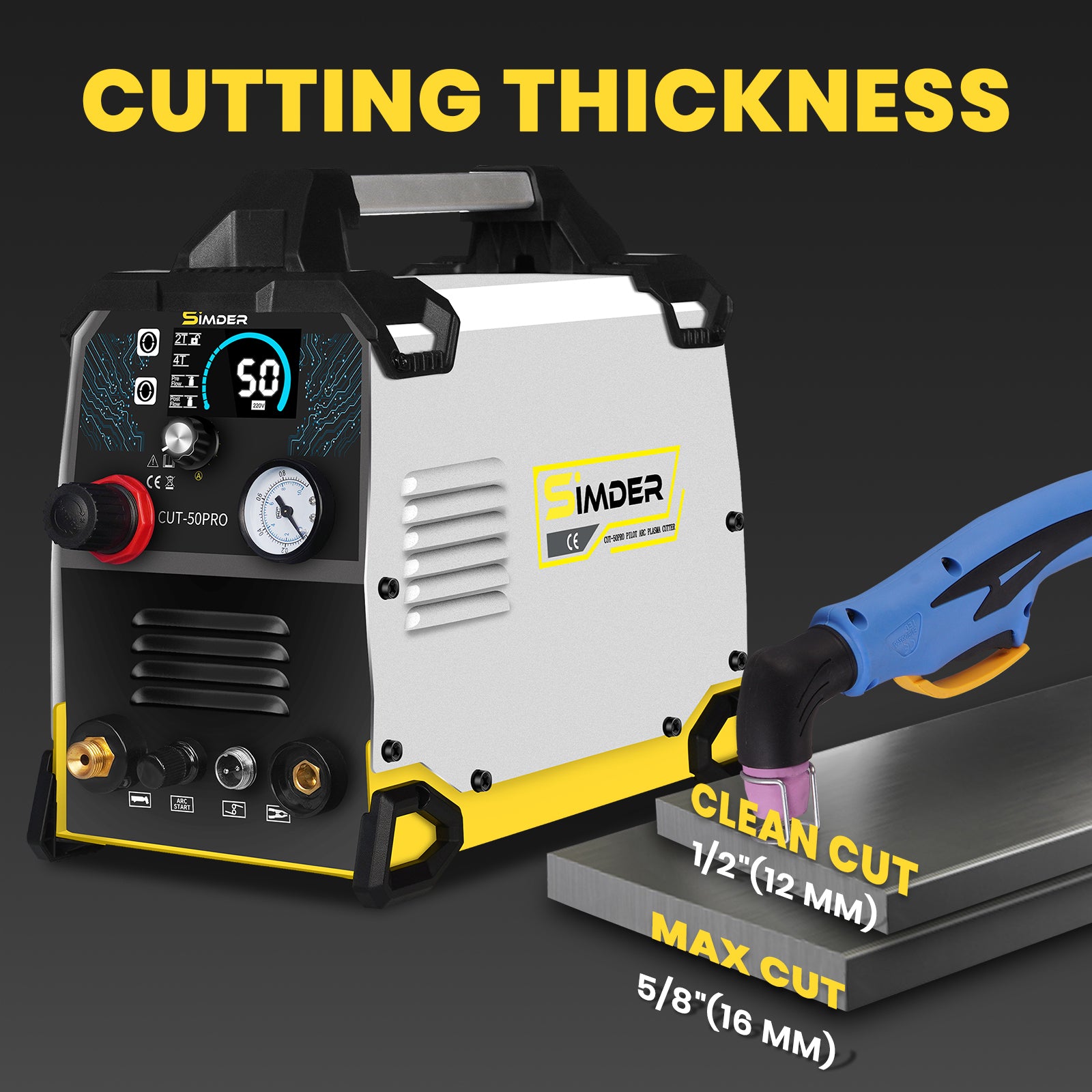 EU SSIMDER CUT 50 PRO Pilot Arc Plasma Cutter - 50Amp Industrial Metal Cutting Tool with Dual Voltage 110V/220V for Steel, Stainless Steel & Aluminum - Perfect for Automotive Repair, Metal Fabrication & DIY Projects