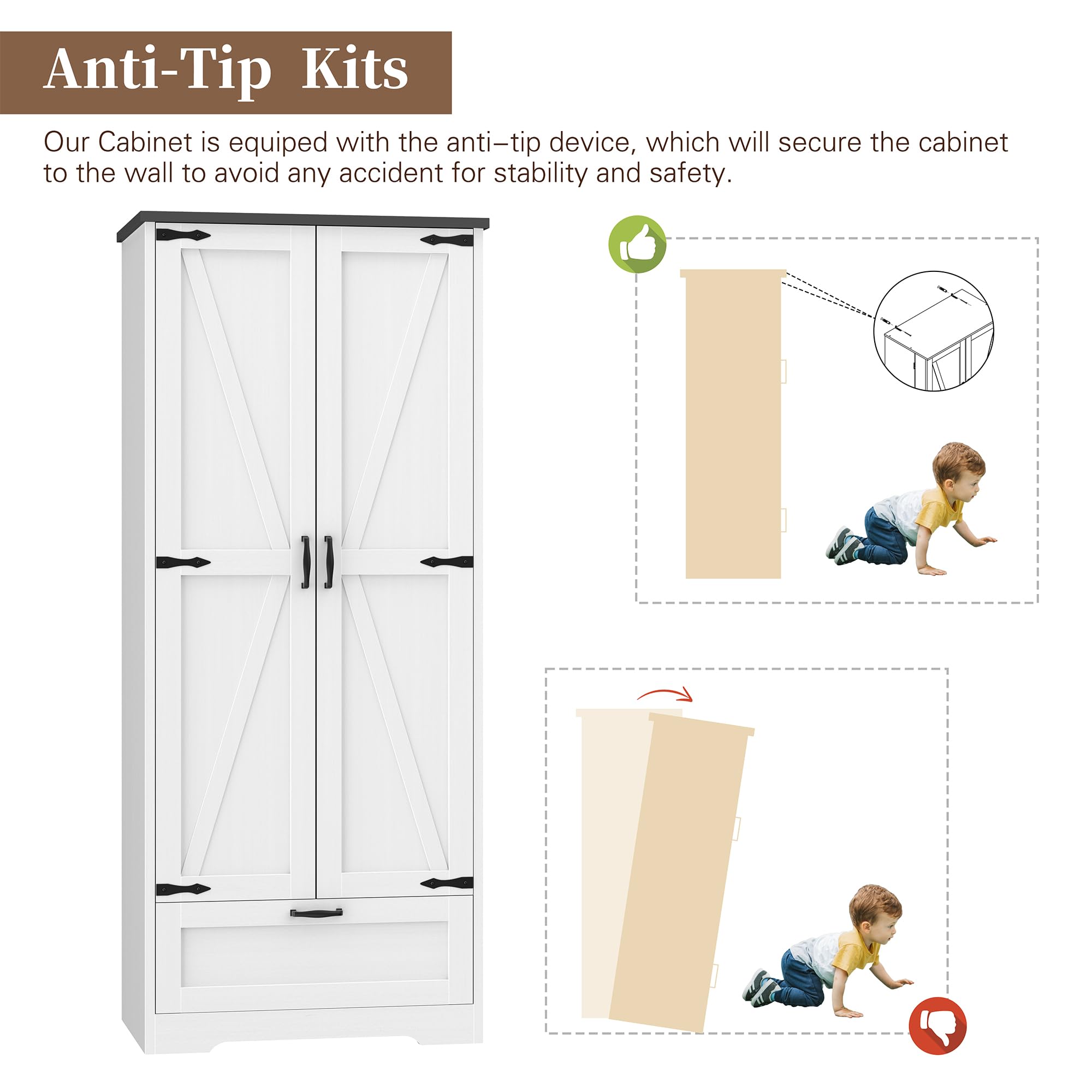 Shintenchi White Farmhouse Kitchen Pantry Cabinet - Freestanding Storage Cupboard with 4 Adjustable Shelves & 1 Drawer - Perfect for Organizing Kitchen, Dining Room, Bathroom or Living Room - Ideal for Storing Dishes, Linens, Towels & Home Essentials