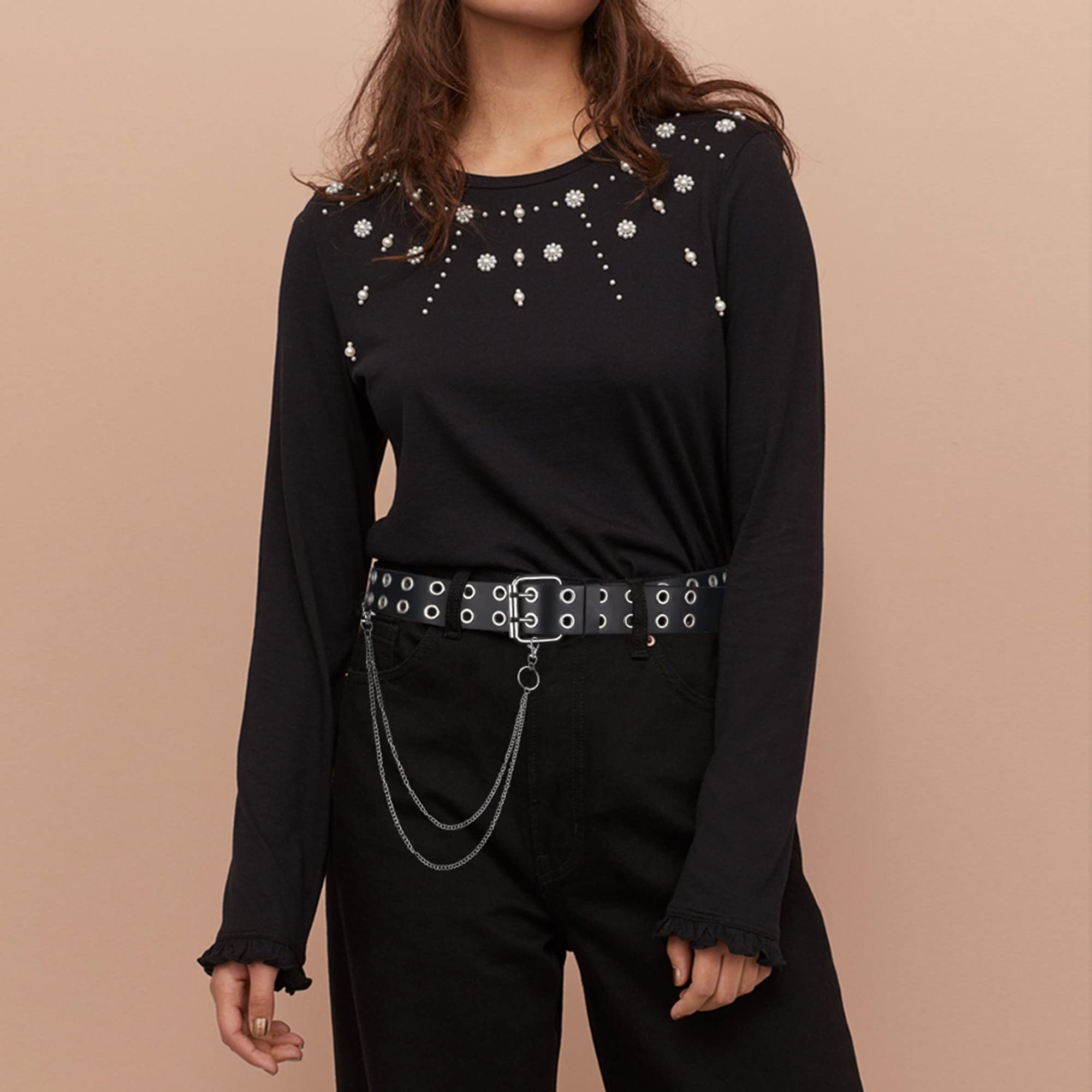 Women's Grommet Leather Belt - Adjustable Double Hole Design for Women & Men - Perfect for Casual, Office & Formal Wear - Black Leather Belt for Jeans, Pants & Dresses
