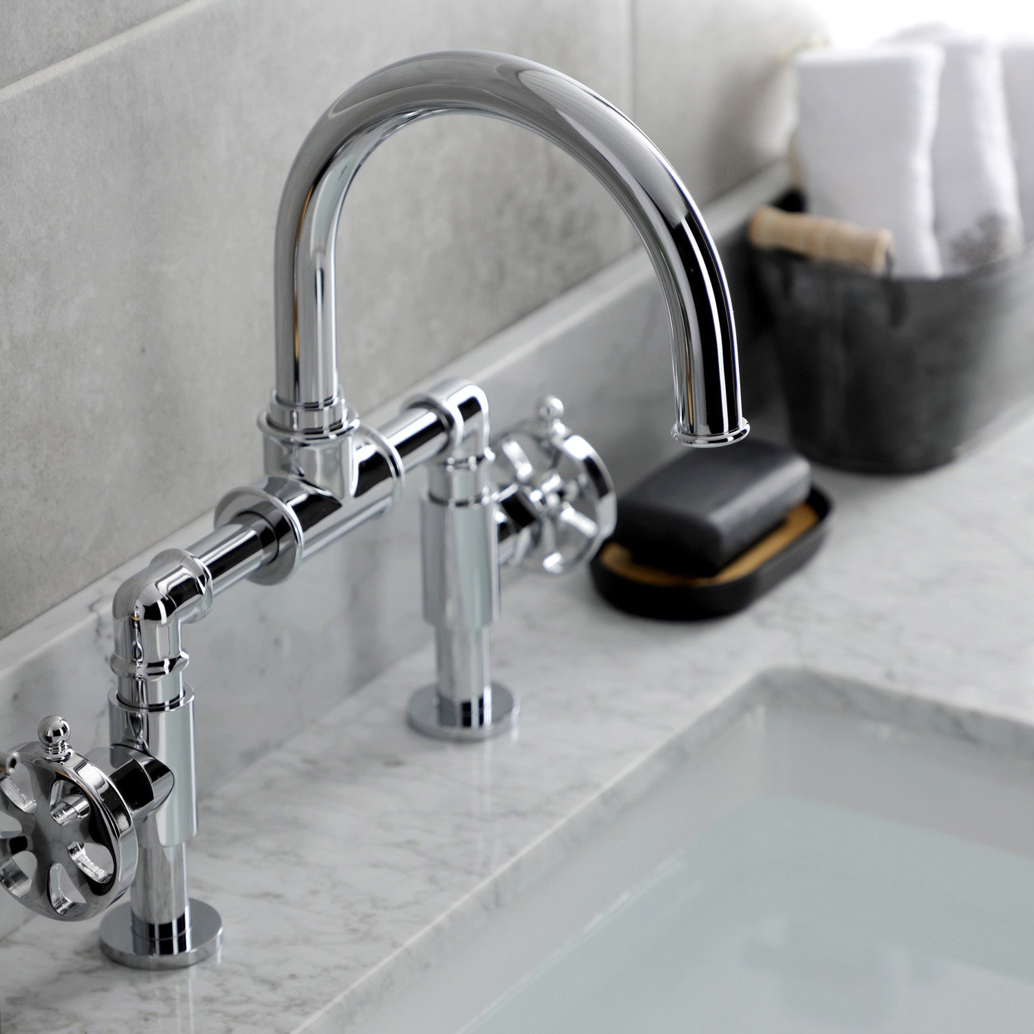 Belknap KS2171RX 2-Handle Deck Mount Bathroom Sink Faucet with Push Pop-Up Drain - Polished Chrome Finish for Modern Vanities & Powder Rooms