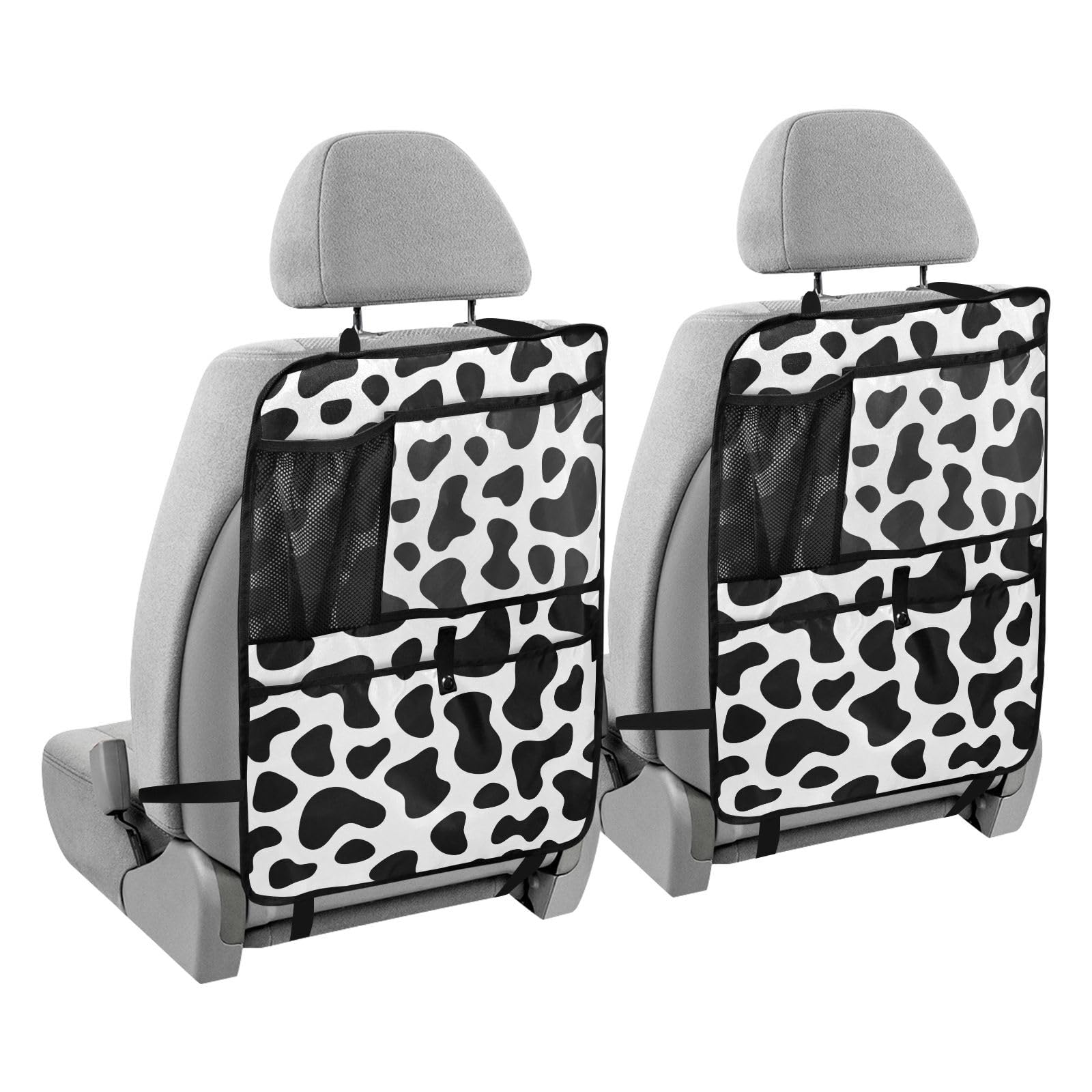 Aflyko Cow Print Car Seat Back Organizer - Black & White Kick Mat with Pockets, Backseat Protector, 1 Pack | Perfect for Travel, Road Trips & Family Car Rides