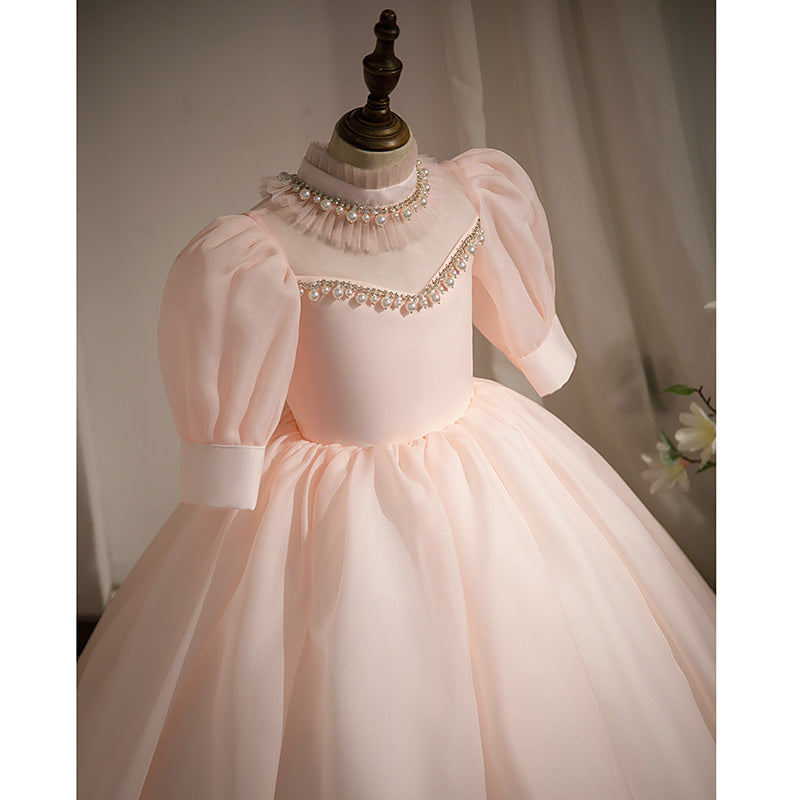 Elegant Pink Organza Princess Flower Girl Dress with Beaded Mock Neck - Perfect for Weddings, Birthday Parties & Special Occasions