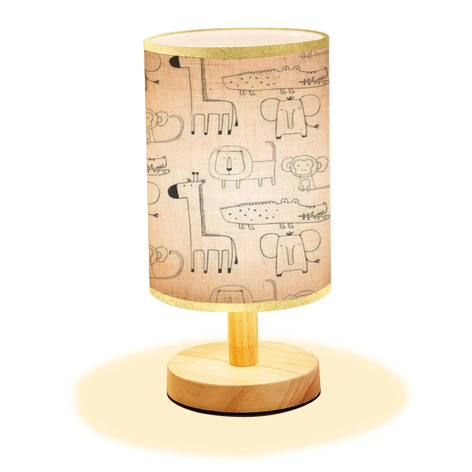 Scandinavian Style Hand-Drawn Wood Nightstand Lamp with African Animals - Minimalist Bedside Table Lamp with Wood Base & Flaxen Fabric Shade for Bedroom, Living Room, Nursery & Office Decor
