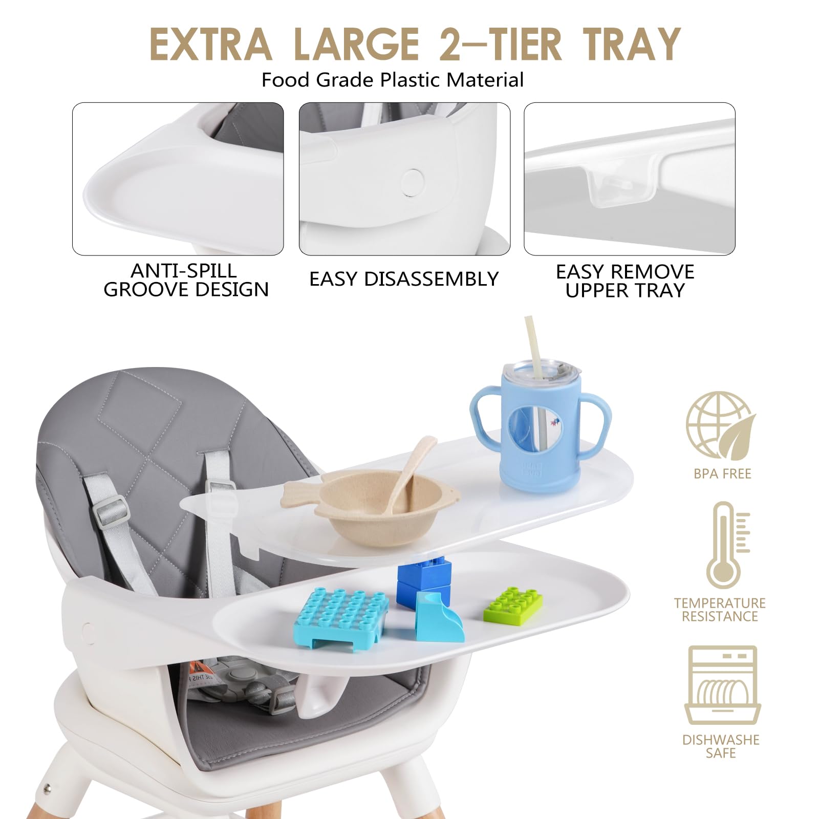 6-in-1 Convertible Wooden Baby High Chair with Removable Double Tray & Adjustable Footrest - Toddler Feeding Chair for Dining, Learning, and Play - Safe & Ergonomic Design for Home and Restaurant Use